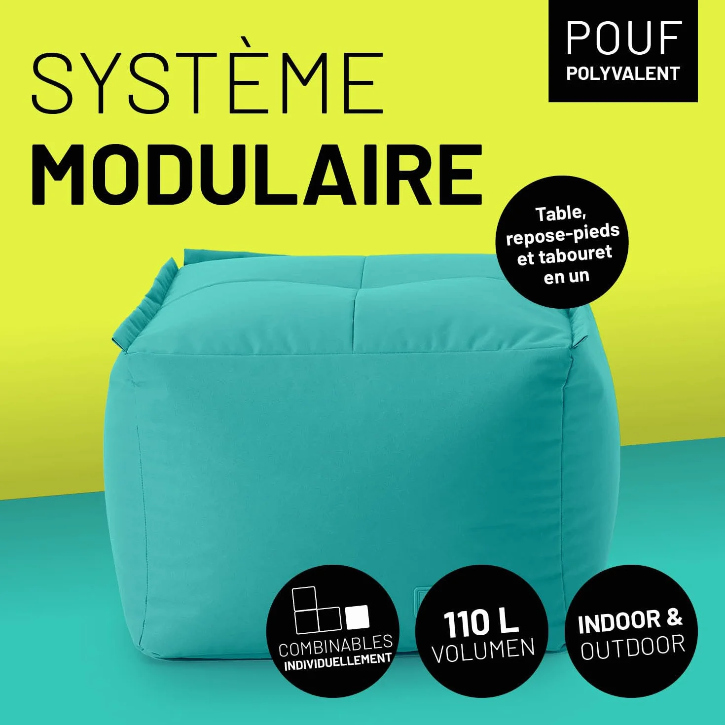 Lumaland Pouf-Sac modulaire imperméable 54x54x54 cm Turquoise