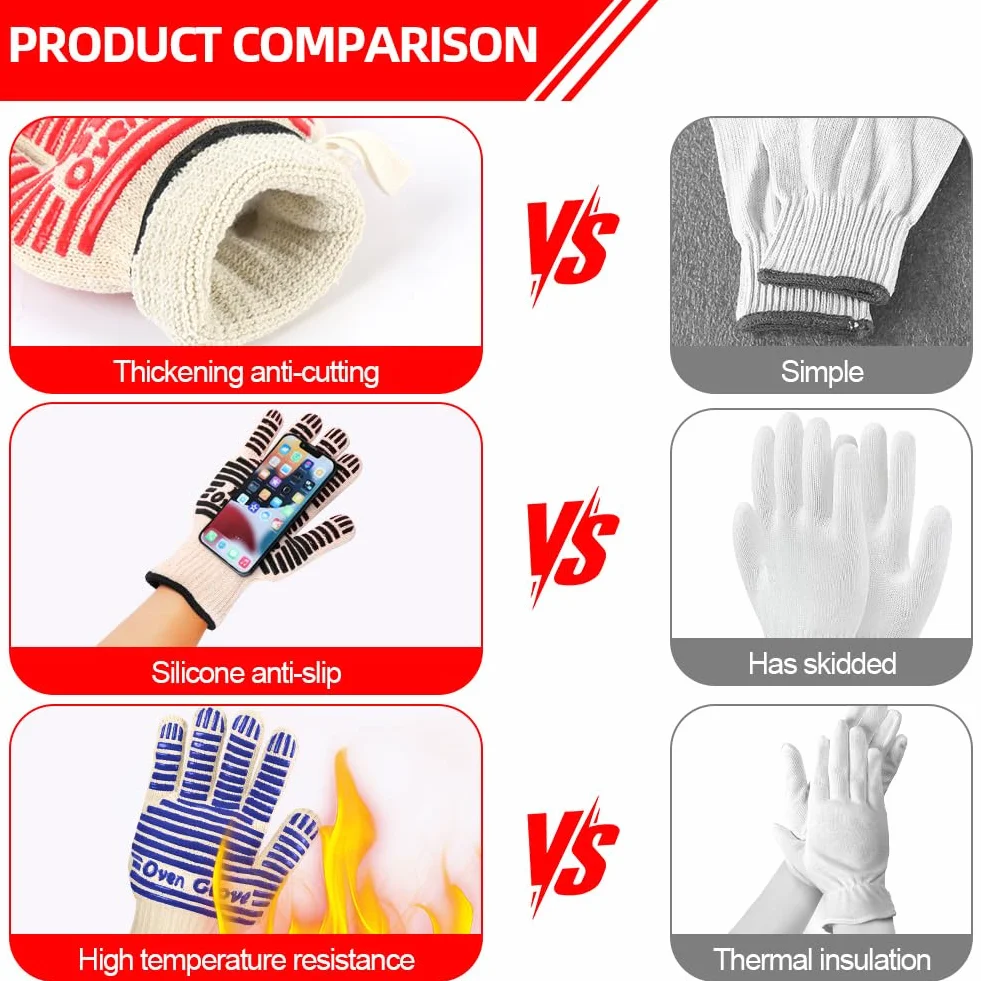 AUAUY Gants de Cuisine Silicone Anti Chaleur 500°C Antidérapants Barbecue 27cm Rouge