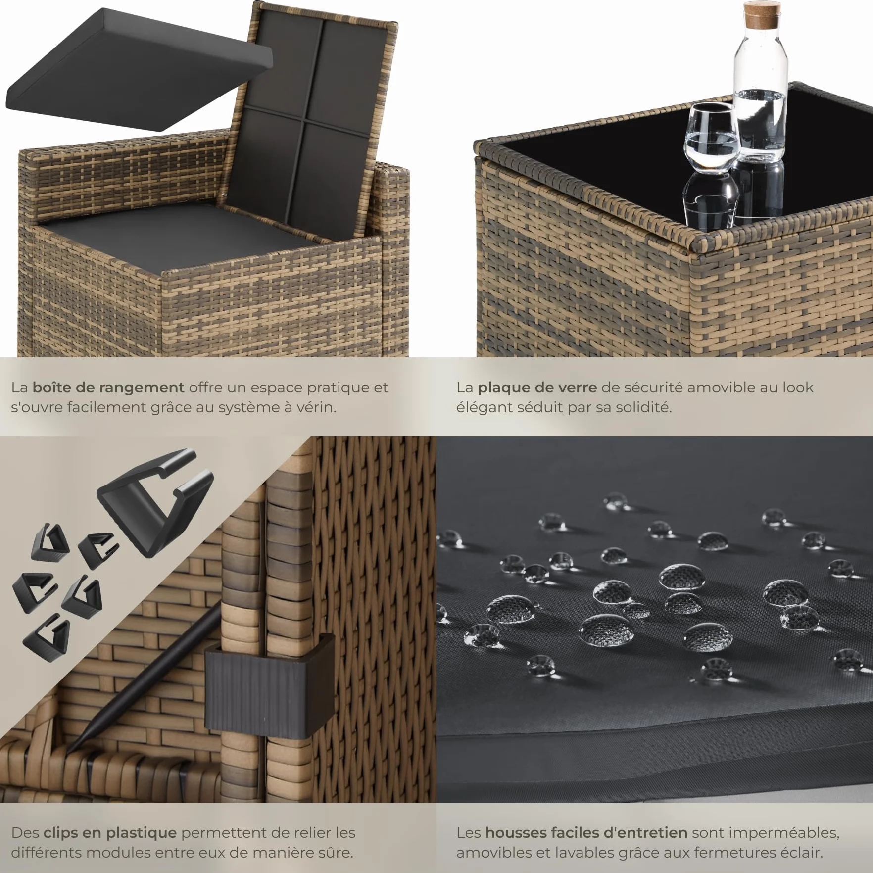 Tectake Salon de Jardin en Rotin 6 Places Resine Tressee Modulable avec Coffre et Table en Verre Marron Naturel