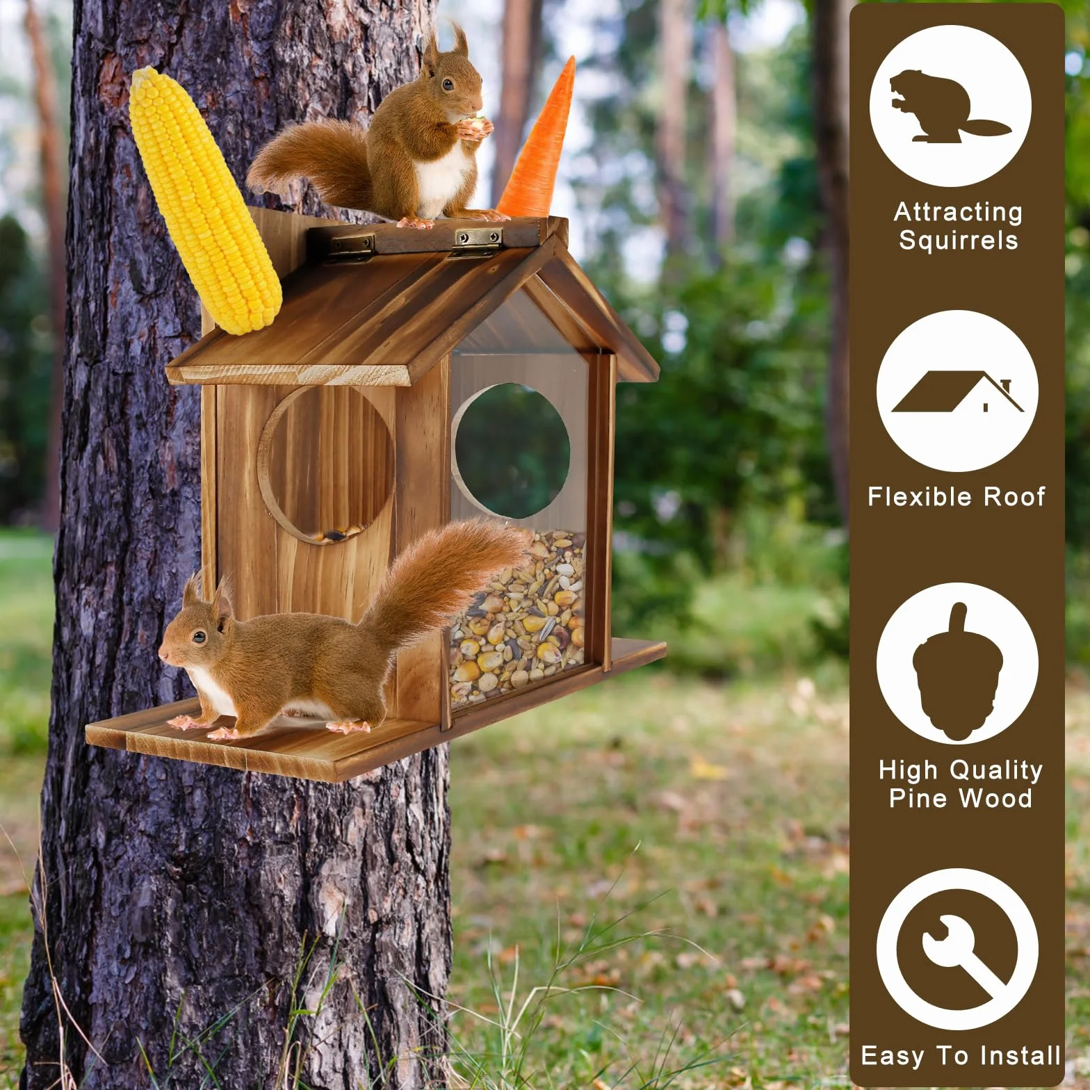 Mangeoire à écureuils en bois avec toit flexible, station d'alimentation extérieure grande capacité