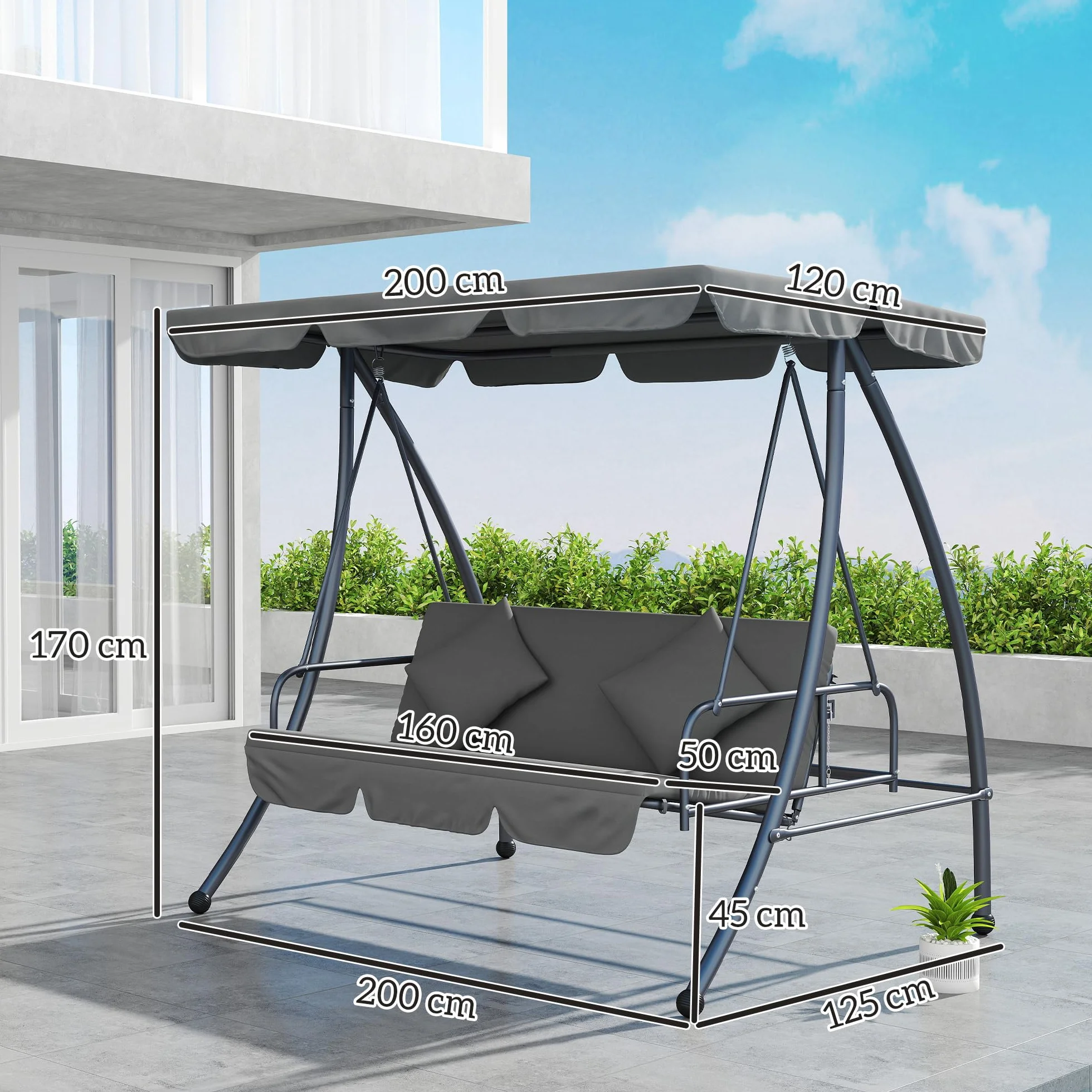 Outsunny Balancelle de Jardin 3 Places Convertible Toit réglable Matelas fourni métal Polyester Noir Gris Clair