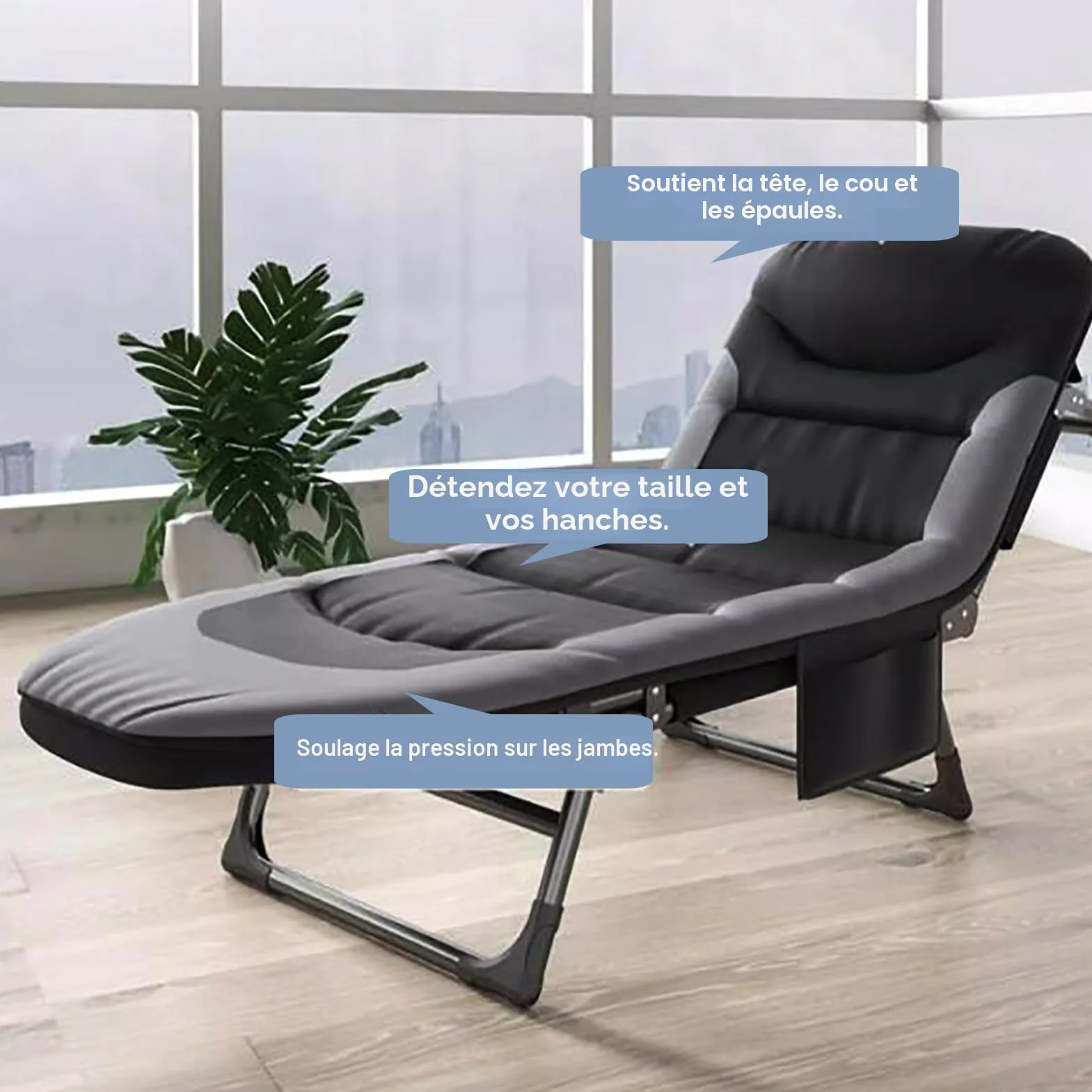Chaise Longue Jardin Exterieur Pliable avec 6 Dossiers Réglables, Poche Latérale, Bain de Soleil pour Balcon Patio Camping (Noir)