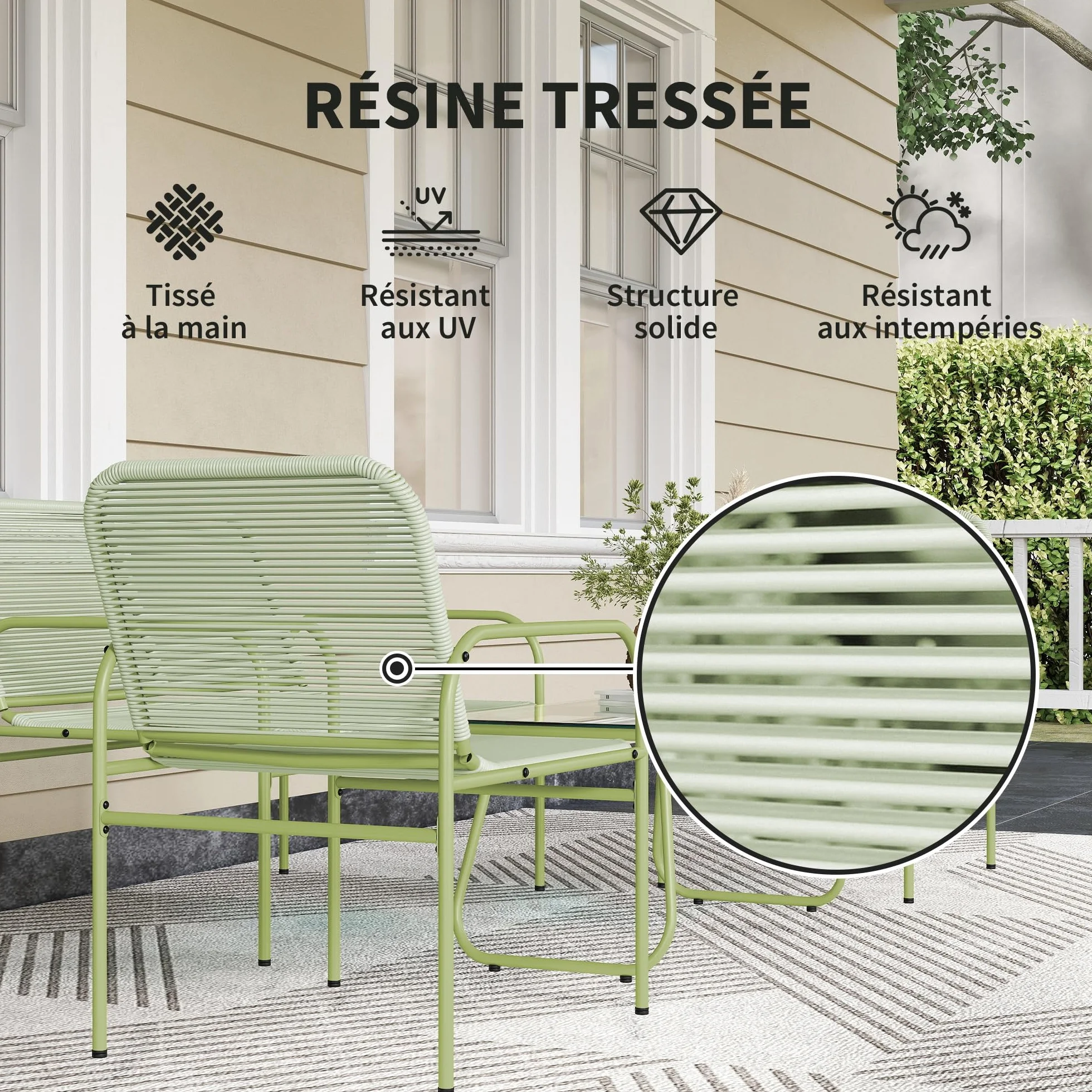 Outsunny Salon de Jardin extérieur résine tressée 4 Places canapé 2 fauteuils Table Verre trempé Acier Vert
