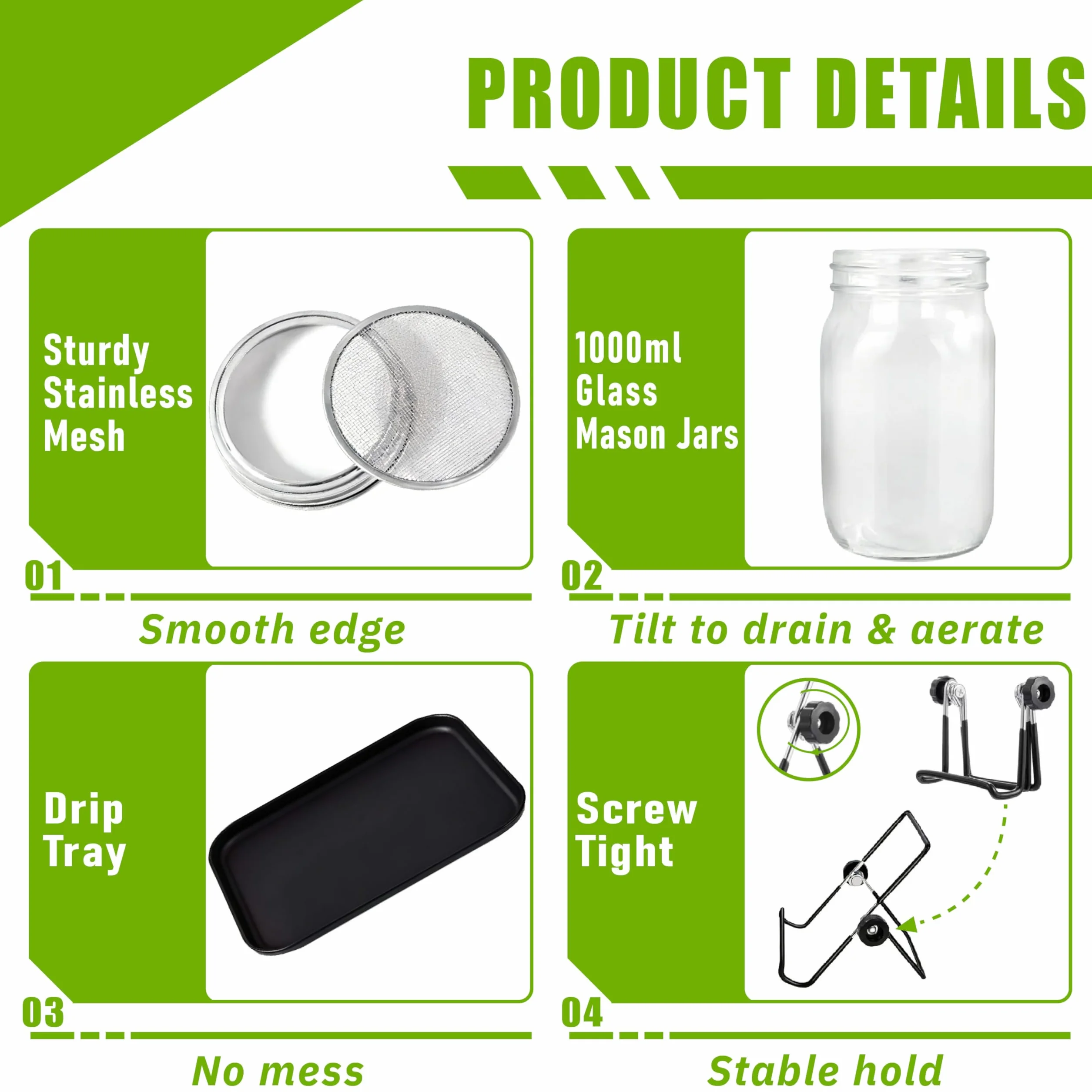 Lot de 2 bocaux en verre 1000 ml avec couvercle à tamis et bol en acier inoxydable 304 pour germination
