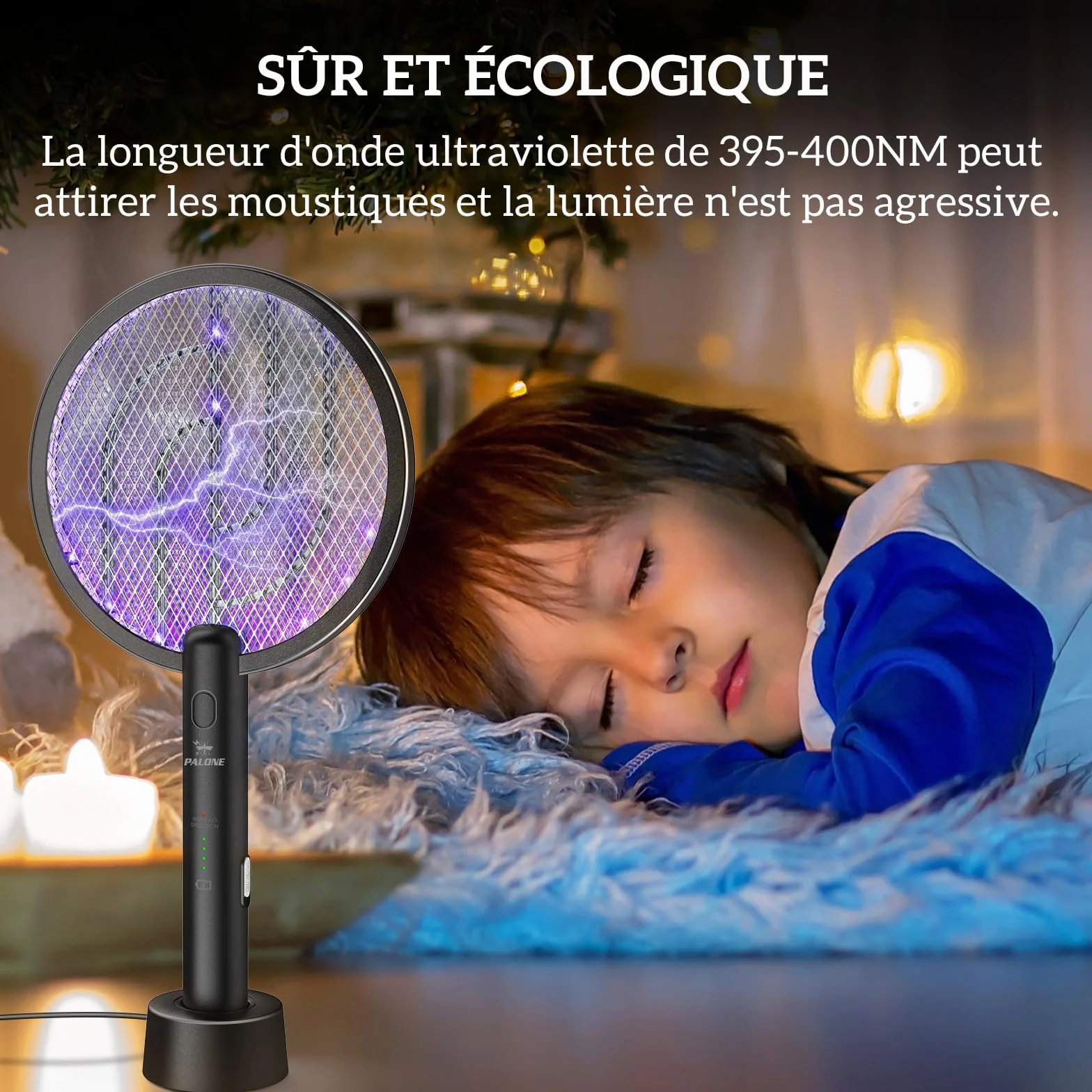 PALONE Raquette Electrique Insectes 4000V Anti Moustiques avec Base de Charge et UV, Tapette à Mouches Haute Efficacité Intérieur Extérieur, Grille Sécurité 3 Couches Noir
