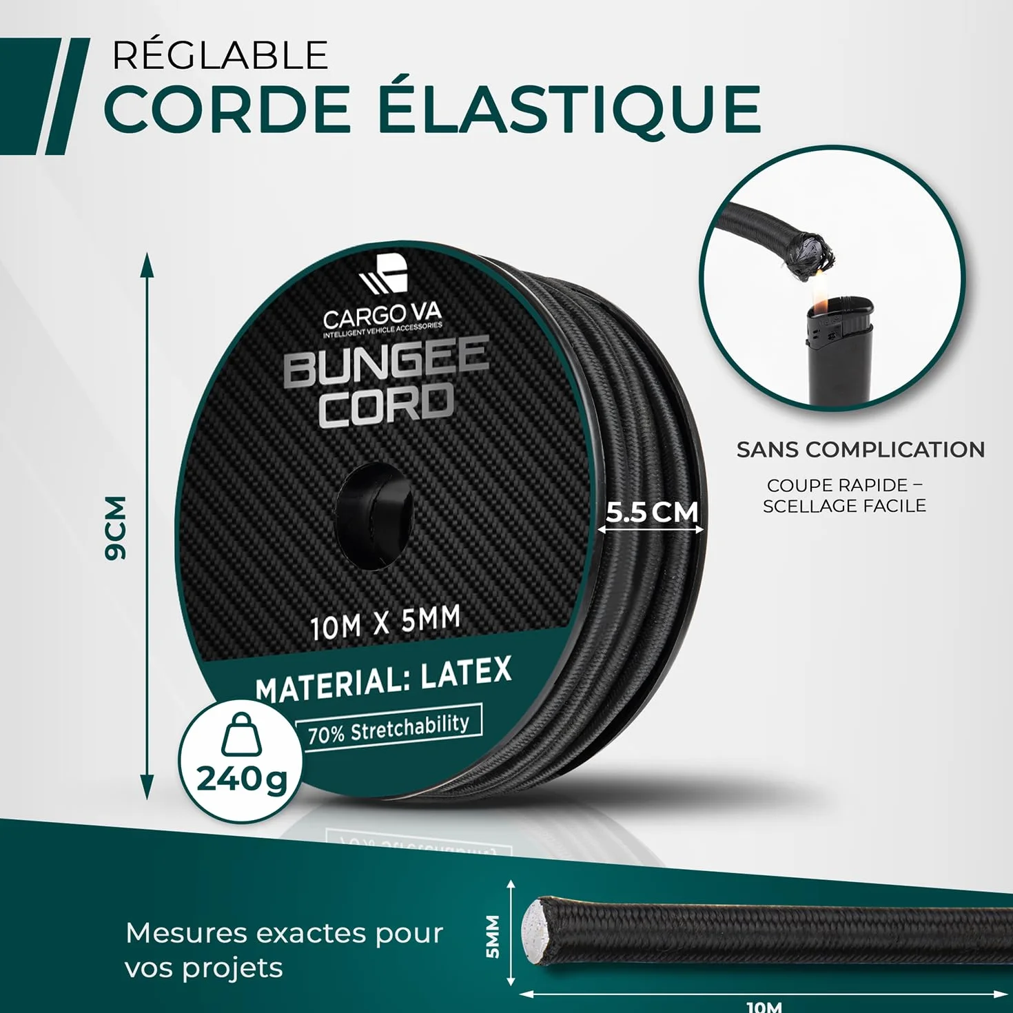 CargoVA - Corde élastique 5mm 10m Noire - Corde Extensible 70% d’élasticité - Corde résistante aux intempéries pour remorques, voiles d'ombrage, bâches, etc.