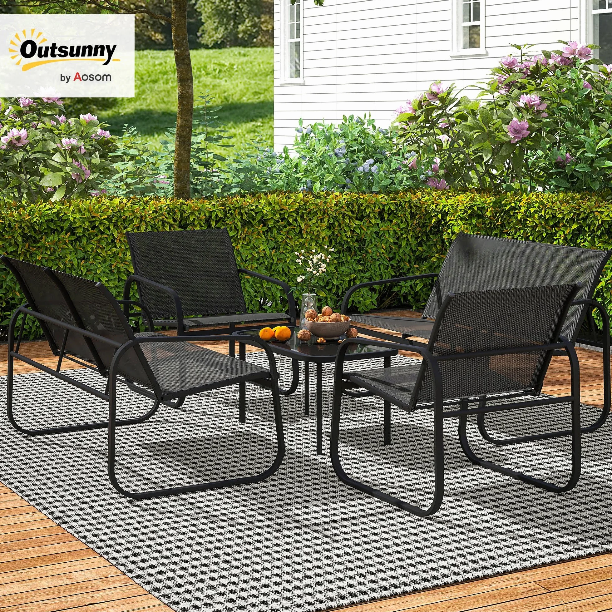 Outsunny Salon de Jardin 5 pièces Acier textilène 2 fauteuils canapés Table Basse Verre trempé Gris