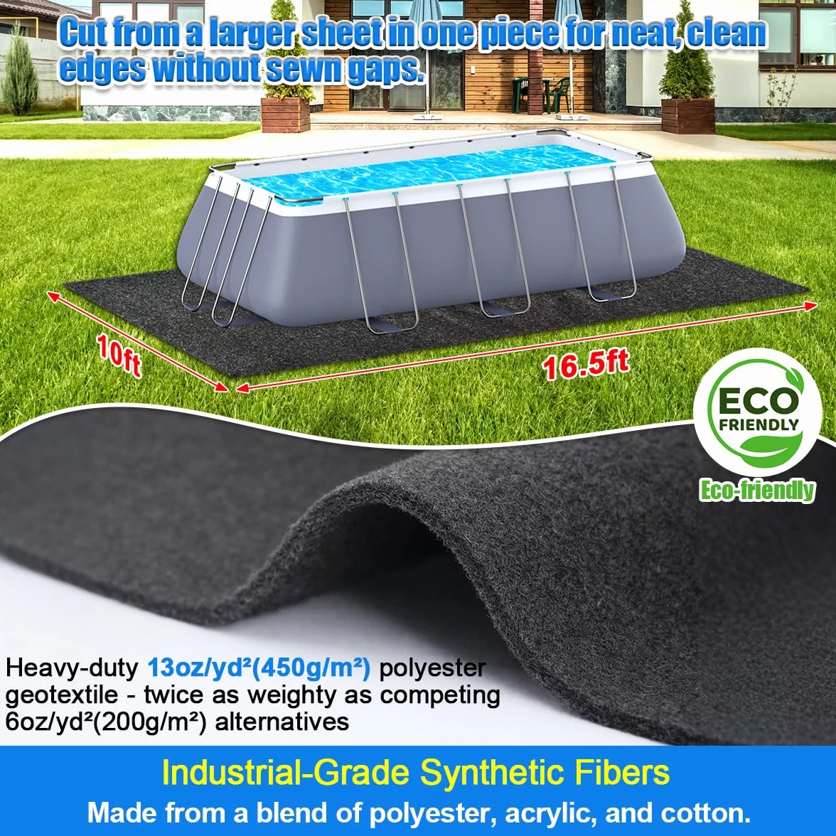 Tapis de piscine plus épais 3 x 5 m pour piscine hors sol, rectangulaire, double densité, résistant aux perforations, noir