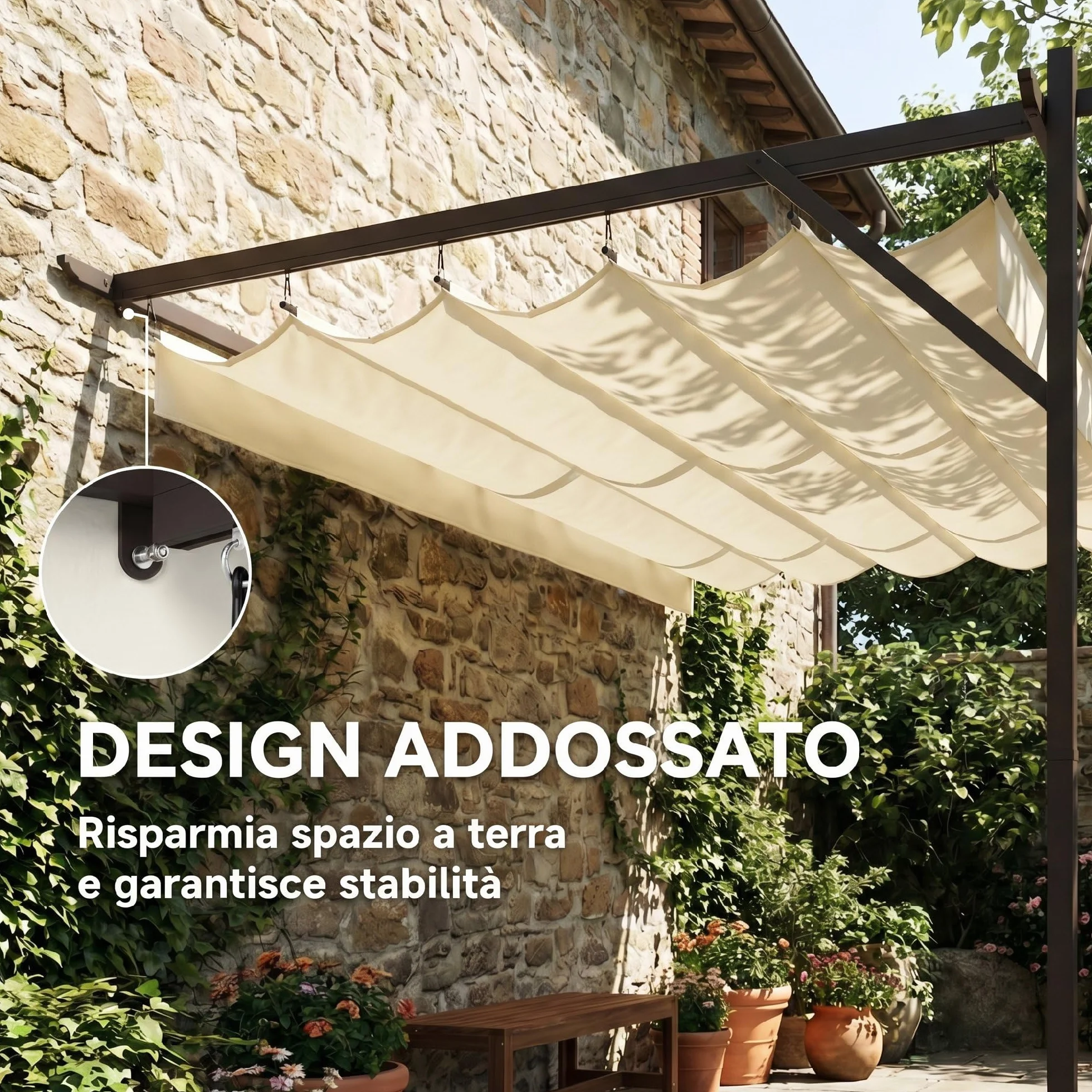 Outsunny Pergola Addoxée 3 x 4 m Toit Rétractable Coulissant Trous de Drainage Jardin Polyester Acier UV30+ Blanc Crème