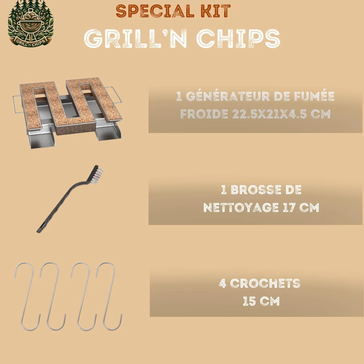 Générateur Serpentin de Fumée Froide Carré pour Fumoir Viande Poisson avec 4 Crochets et Brosse Nettoyage