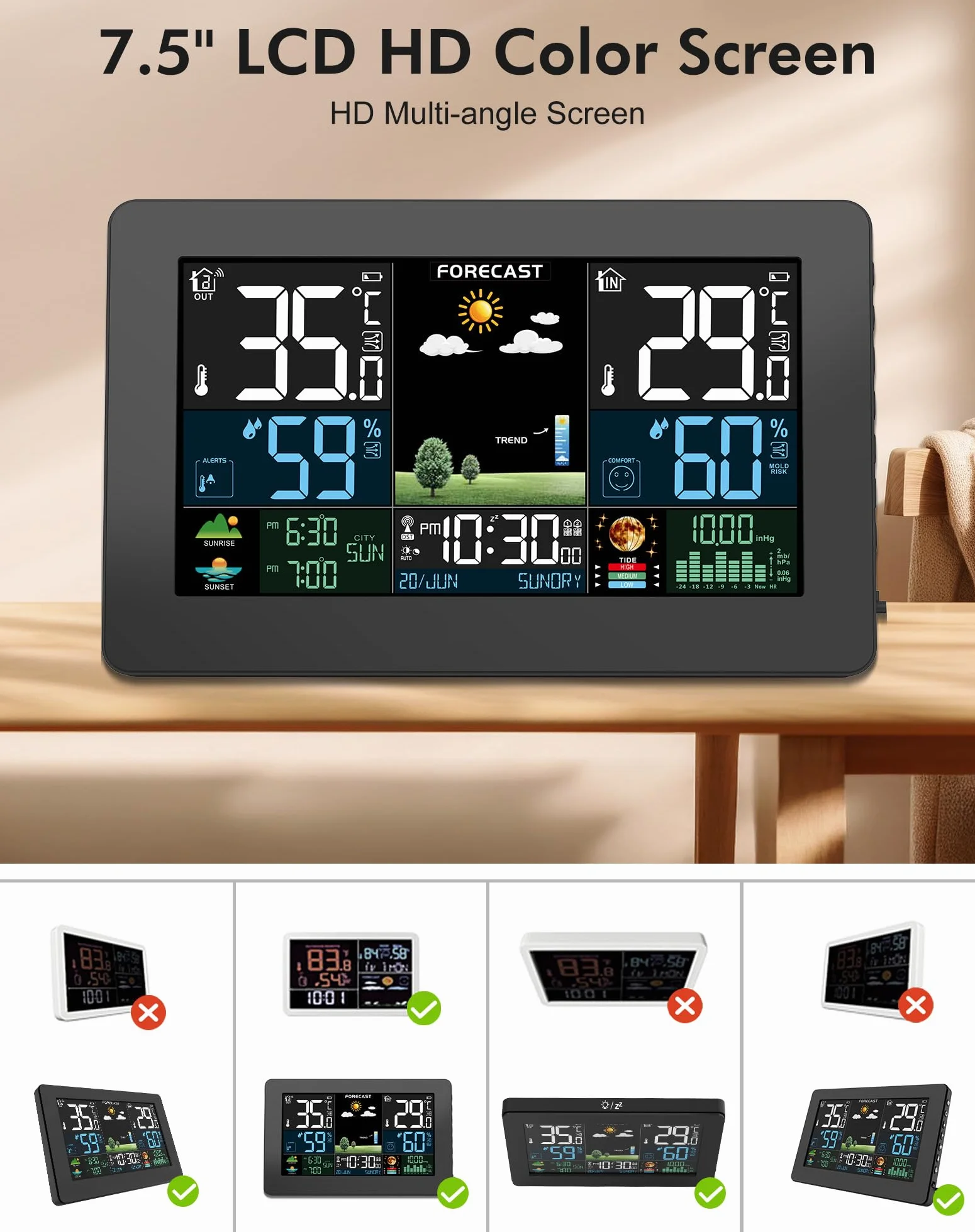 Station Météo Intérieur Extérieur Sans Fil Écran Couleur Prévisions Météorologiques Thermomètre Hygromètre Baromètre Radio-Réveil DCF Noir