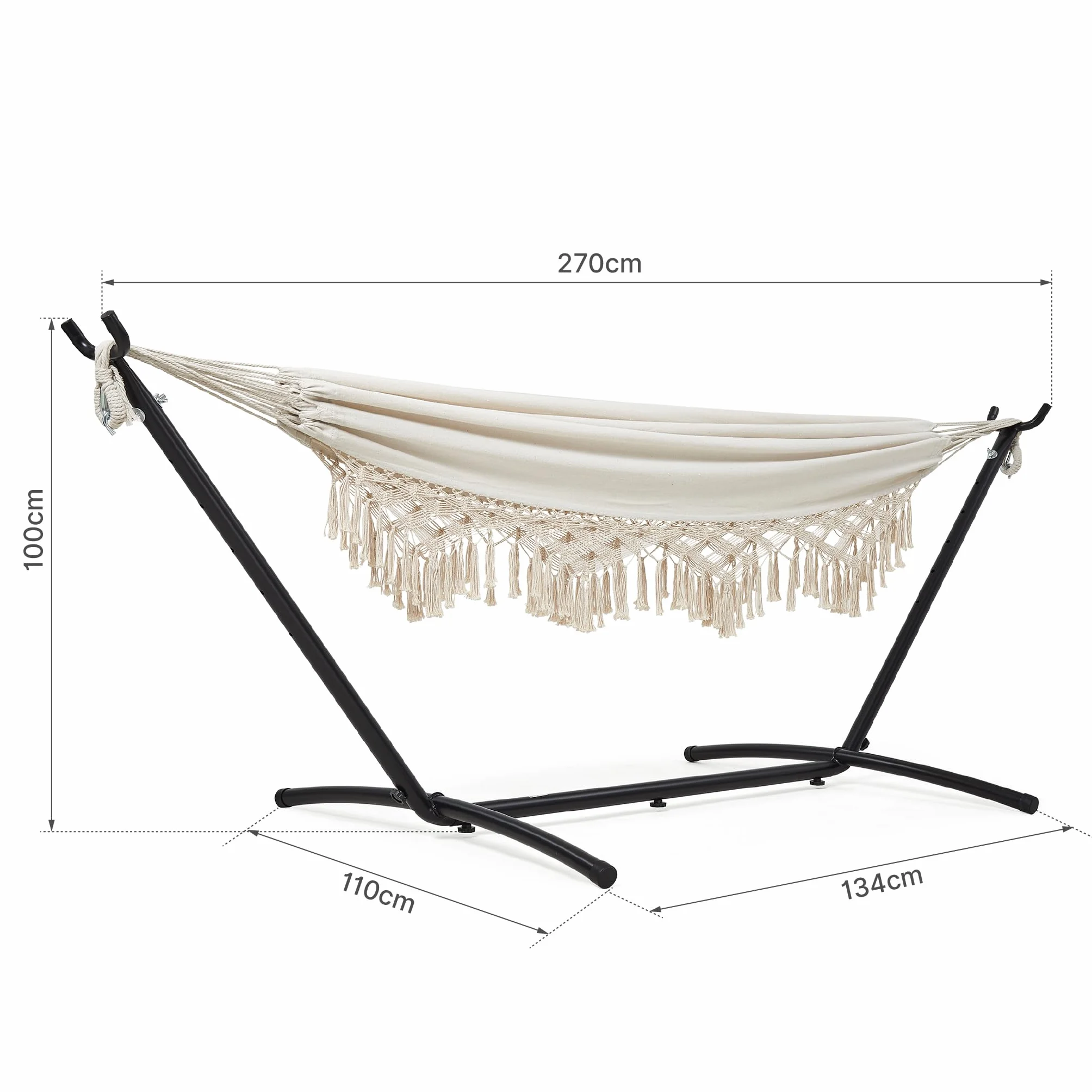 Hamac bohème pour 2 Personnes avec Support Réglable en Hauteur, Cadre métallique, Beige