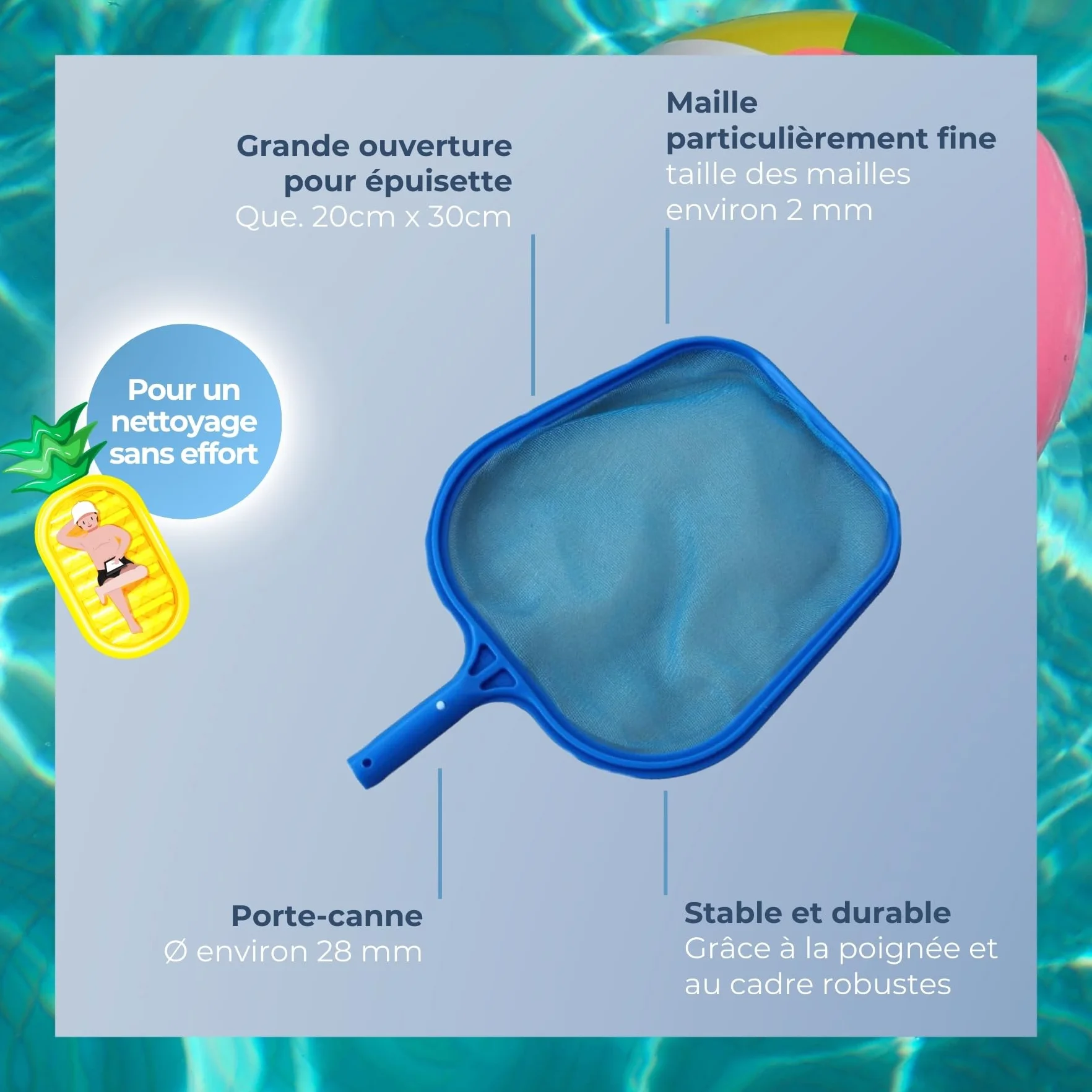 Épuisette de Piscine en Plastique 20 x 30 cm Mailles Fines pour Perche Télescopique