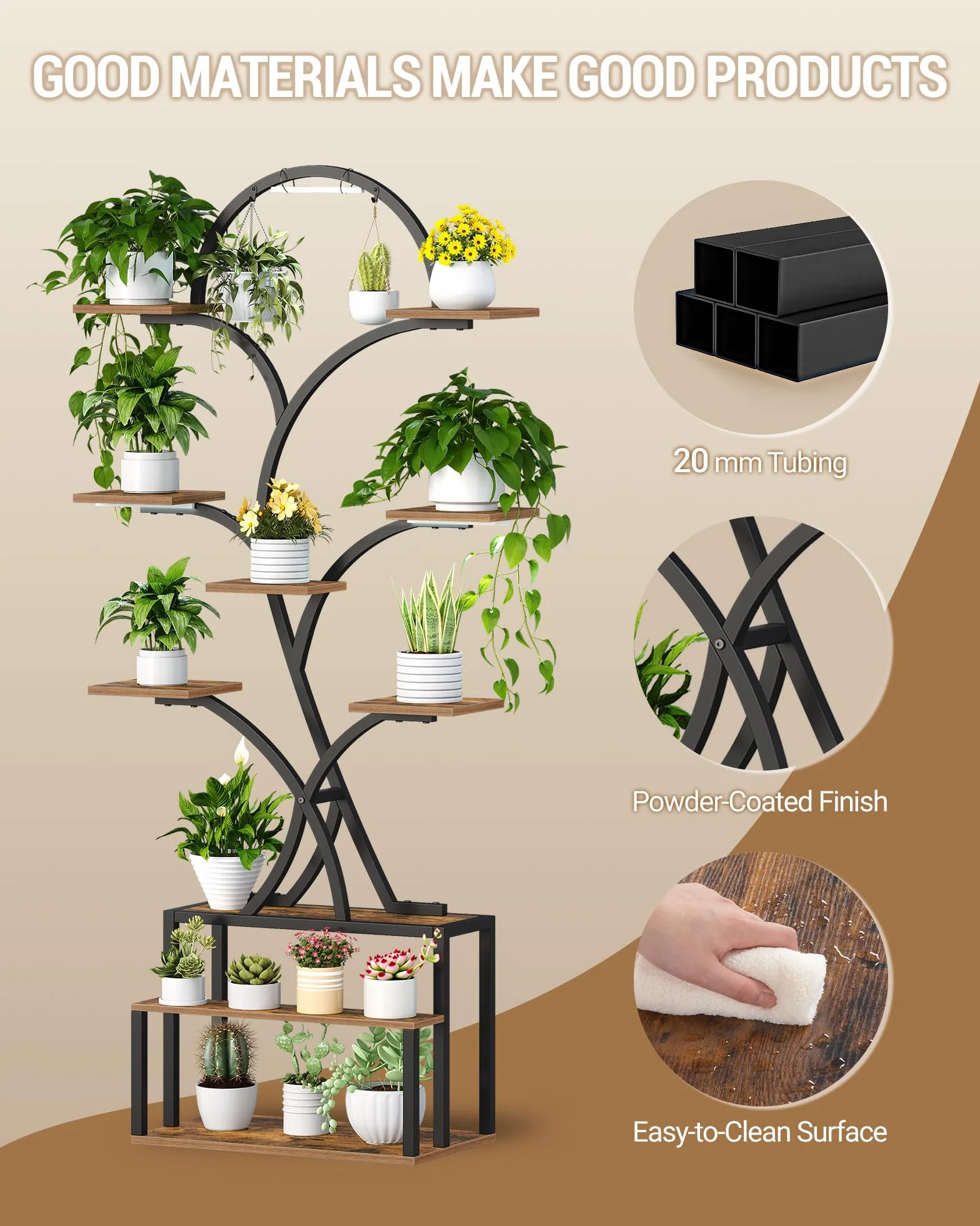 Étagère à Plantes avec Lampe LED 10 Niveaux Bois 168 cm Noir