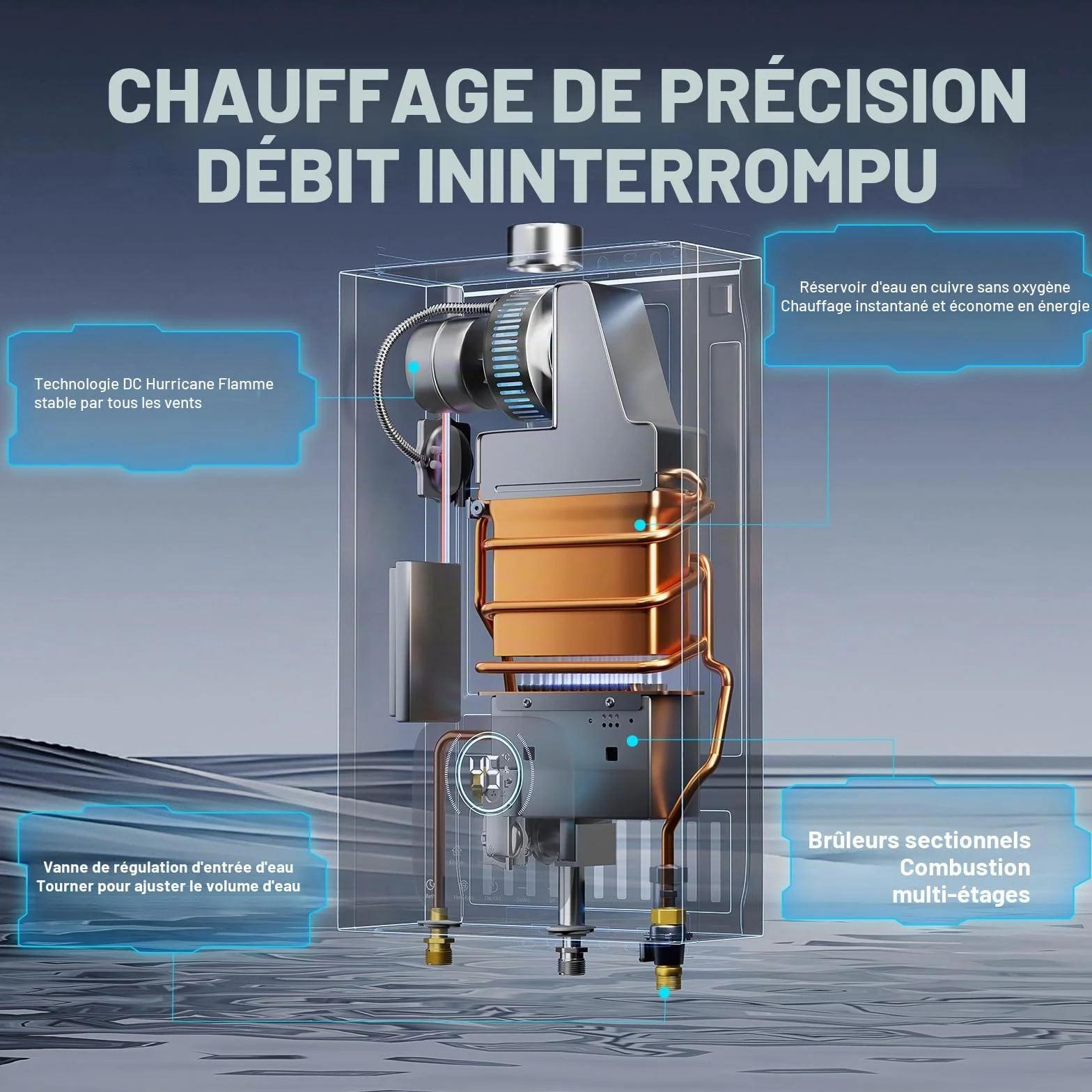 Chauffe-Eau à Gaz Instantané 32kW 16 LPM, 5 Modes, Écran Tactile LED, 220V, Butane Propane