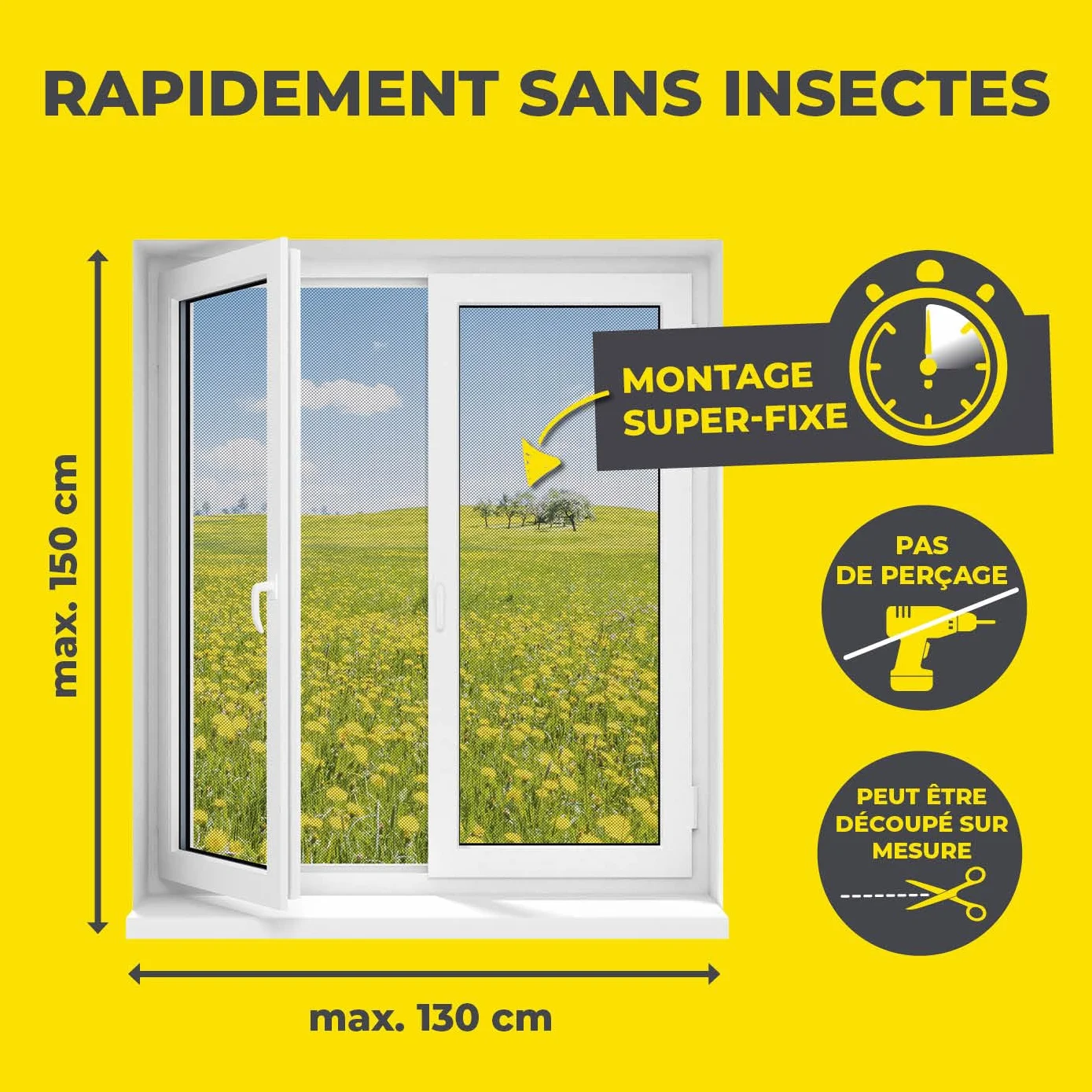 EASYmaxx Moustiquaire de fenêtre avec Magic Click | Peut être découpée individuellement pour toutes les fenêtres jusqu'à 150 x 130 cm | Montage avec 12 aimants - pas de perçage ni de vissage [Noir]