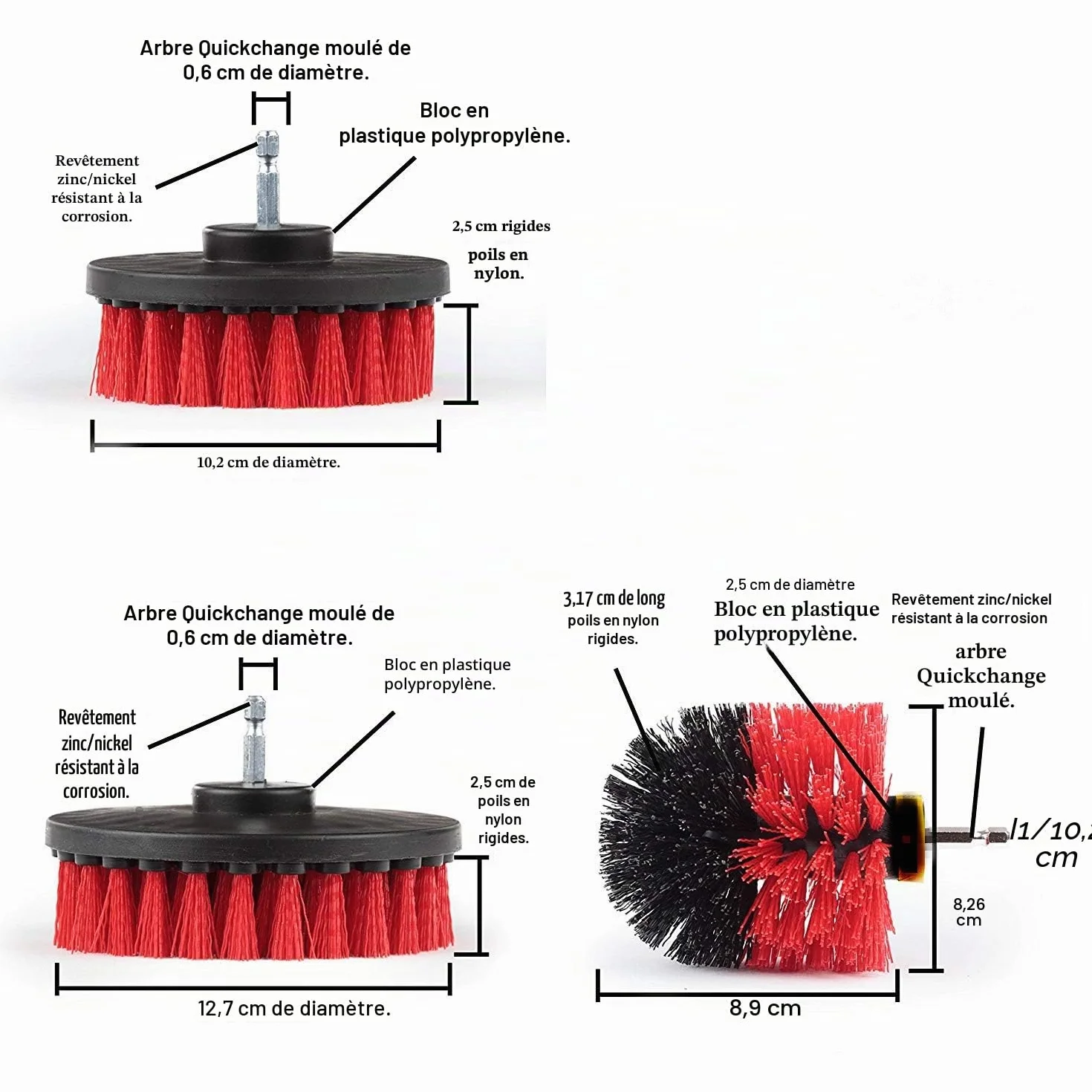 Lot de 6 embouts de brosse rigides - Différentes tailles - Brosse électrique - Brosse de plafond alimentée par perceuse - Élimine les algues, les moisissures et la mousse des statues de jardin