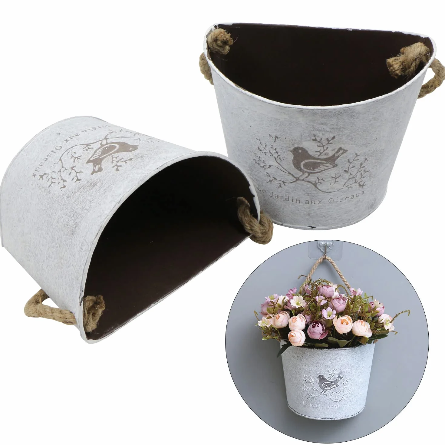Pot de Fleurs Suspendu Galvanisé Demi-Cercle Vase Mural pour Intérieur Extérieur Jardin Succulentes, 2 Ensembles