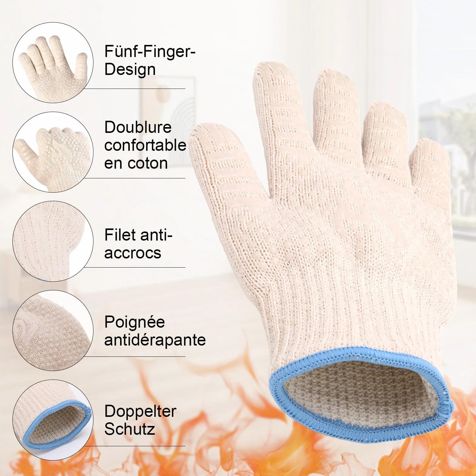 Gants Anti Chaleur Cuisine Silicone Antidérapants Barbecue Intérieur Extérieur Coton Tricoté Épais BBQ Gril Cuisson Four
