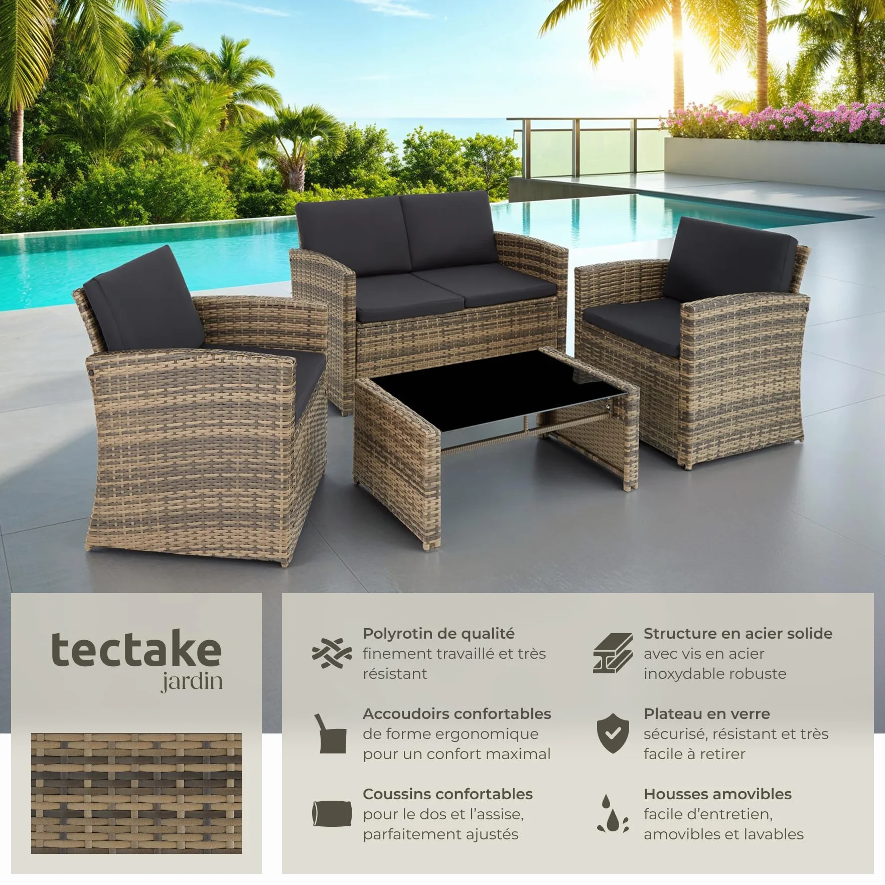 Tectake Salon de Jardin Résine tressée 4 Places Table Canapé 2 Fauteuils Coussins Inclus Marron Naturel Gris foncé