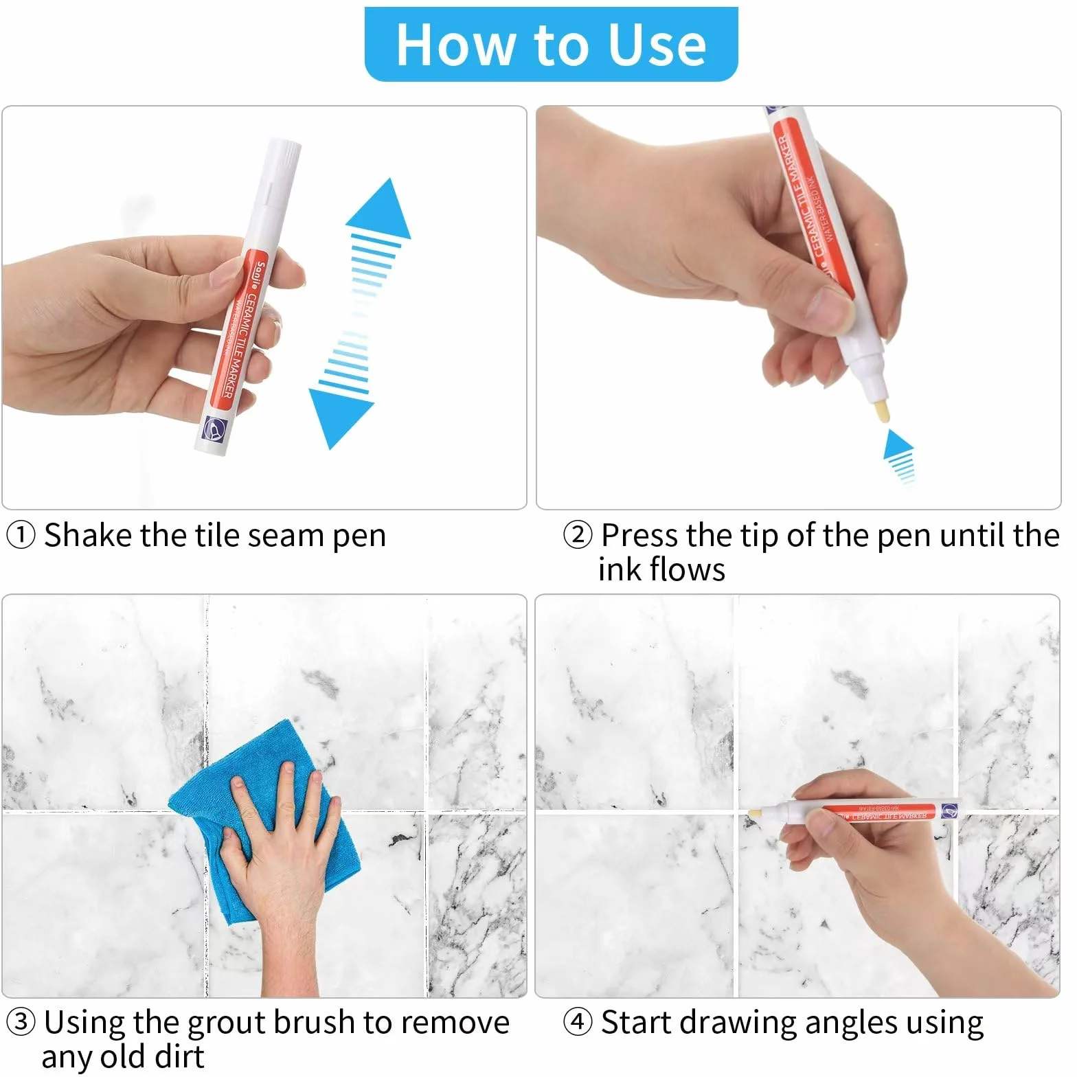 6 pcs Stylo de Carrelage, Crayon À Joints Blanc, Stylo pour Carrelage Mural Avec Plume de Remplacement et 1 Brosse de Nettoyage pour Réparation Carreaux Sol Cuisine et Salle de Bain