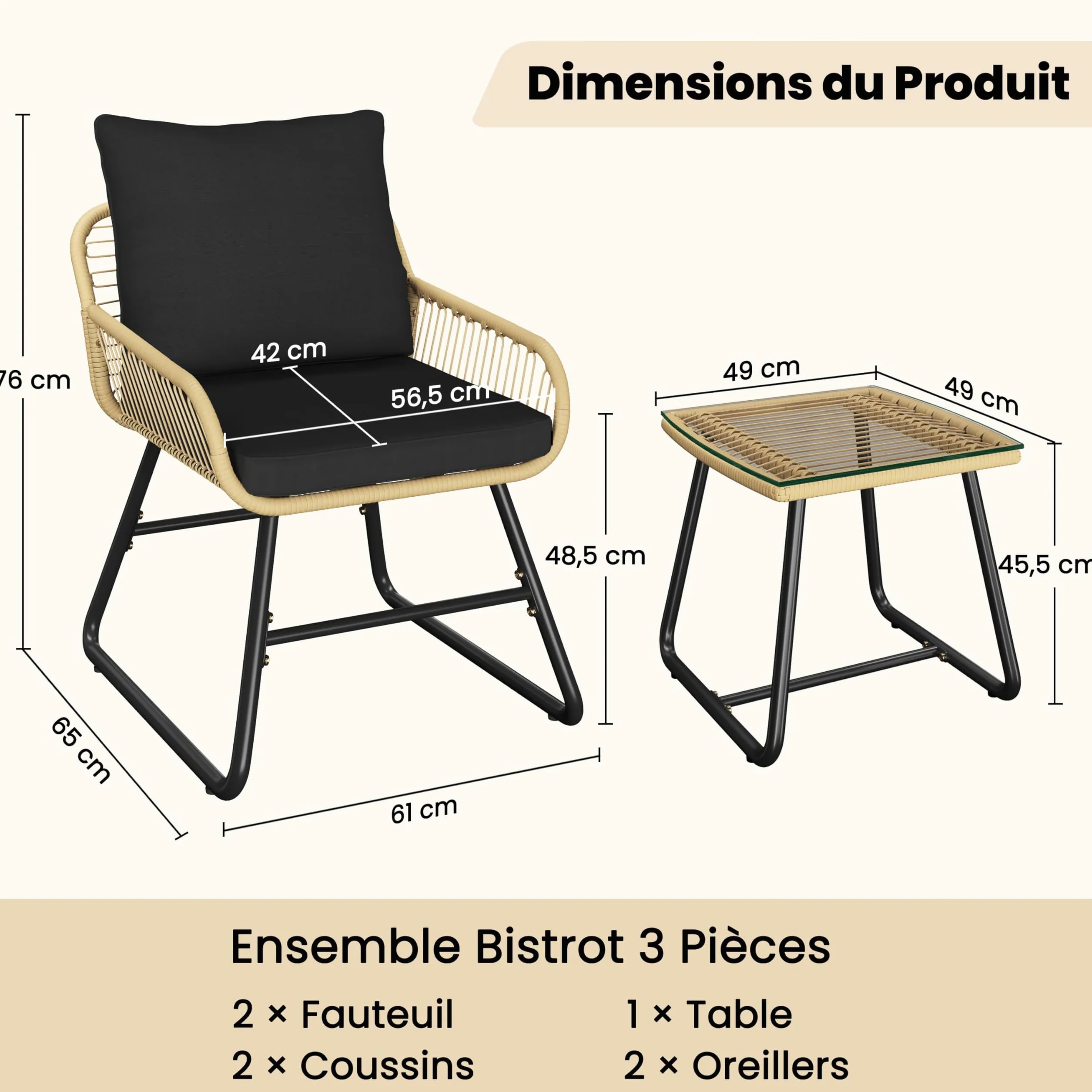Abician Salon de Jardin Polyrotin 3 Pièces Ensemble 2 Personnes Fauteuils Table Basse Verre Trempé Beige Noir