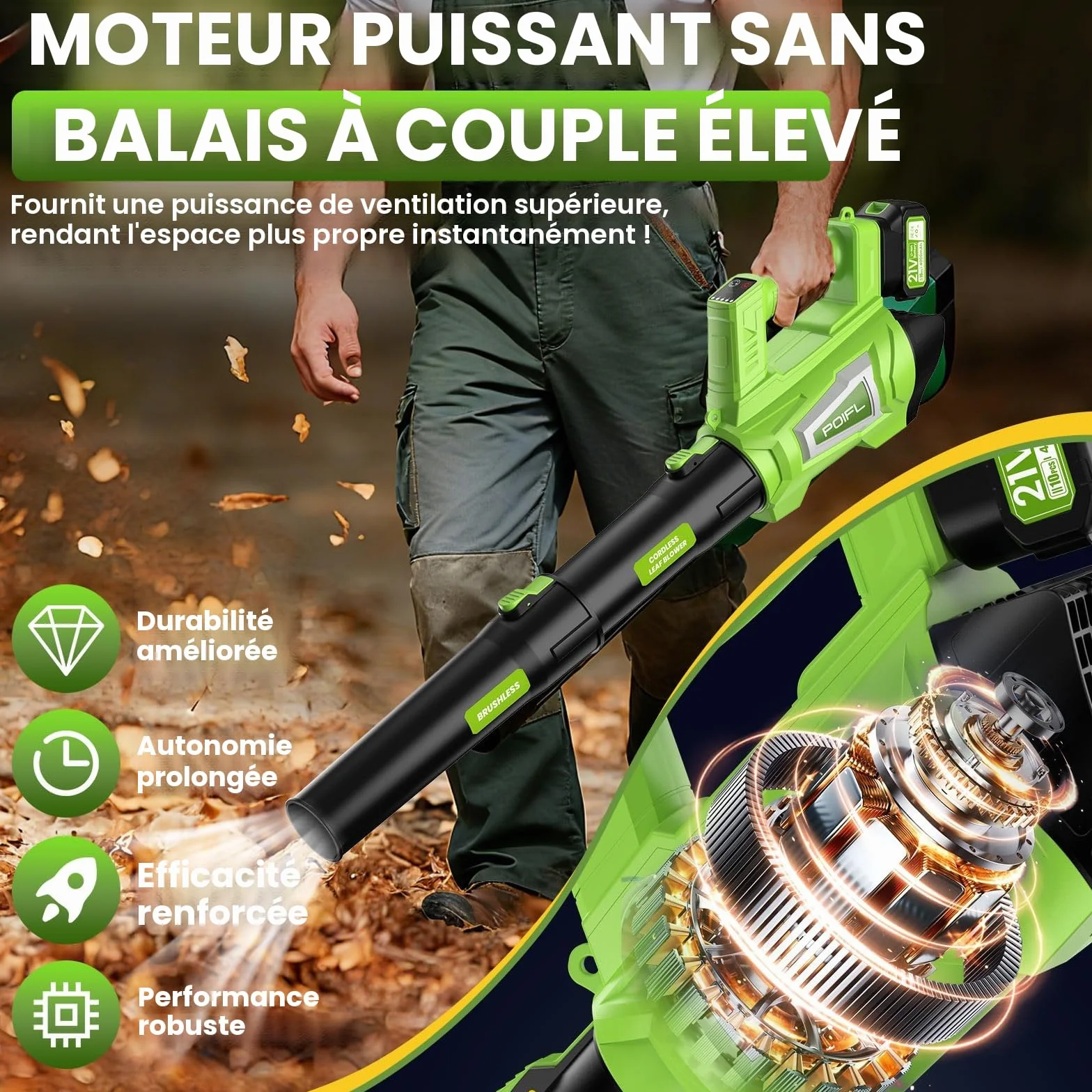 Souffleur de Feuilles sans Fil 1200W, 780 m³/h, 245 km/h, 2x4000 mAh