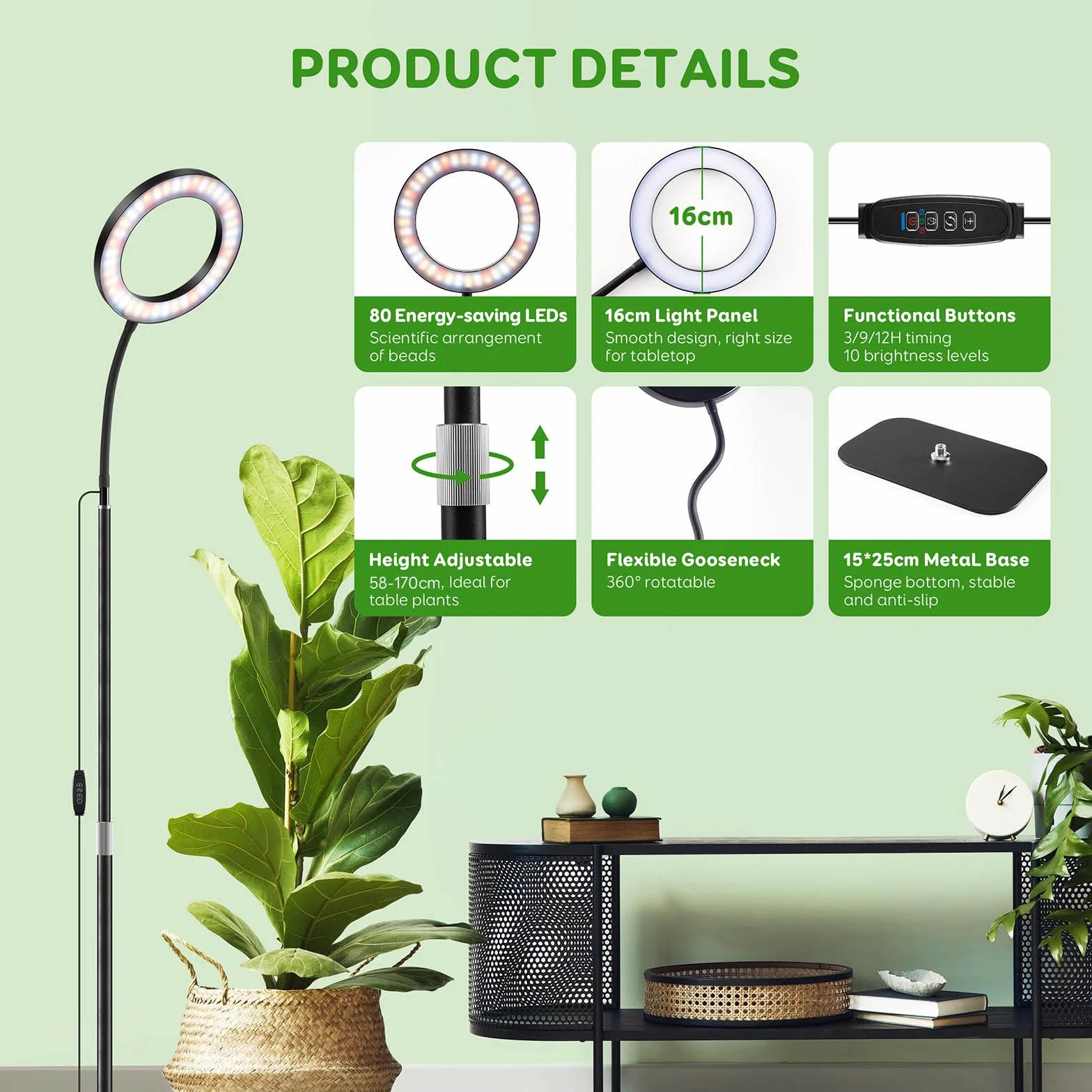 COKOLILA Lampe de Croissance avec Bras Ajustables 360°, Minuterie 3/9/12H, 10 Niveaux de Diminution, 3 Modes d'Éclairage pour Plantes d'Intérieur