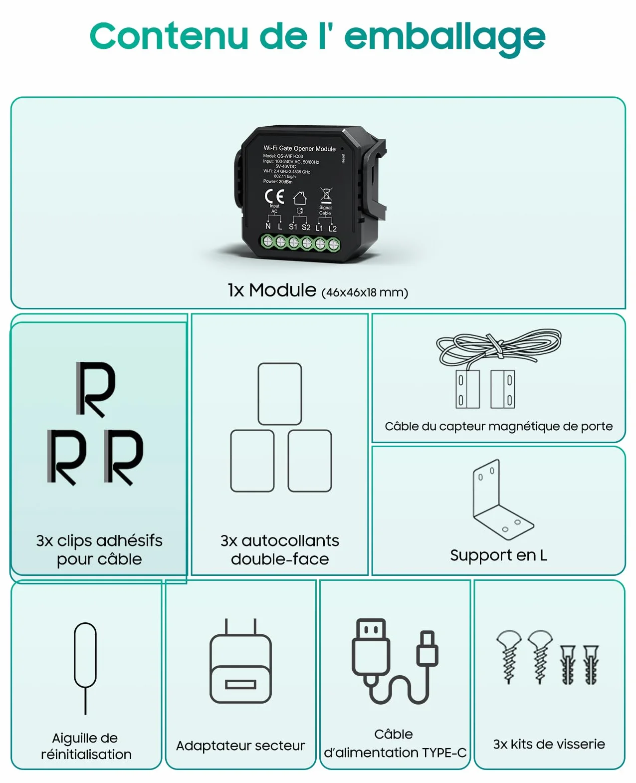 Yomogi Ouvre-Porte de Garage Wi-Fi, Module d’interrupteur Connecté de Garage, Contrôle Vocale et Programmation, Compatible Alexa/Google Home/Smartlife, Facile Installation