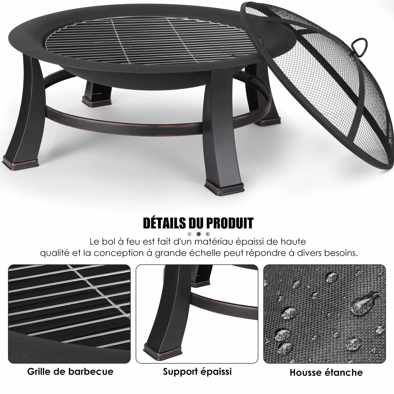 TLGREEN Brasero Exterieur Ø 76 cm avec Grille Barbecue Rétro Jardin Terrasse Foyer Extérieur Noir Grand