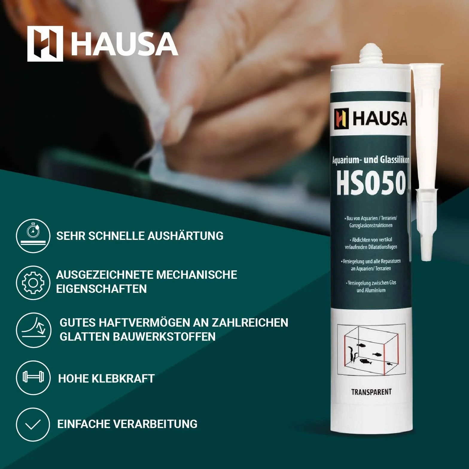 HAUSA Aquarium Silicone Verre Silicone HS050 Colle et mastic silicone professionnels pour aquariums terrariums et constructions en verre Résistant à l'eau douce et à l'eau de mer 310ml transparente