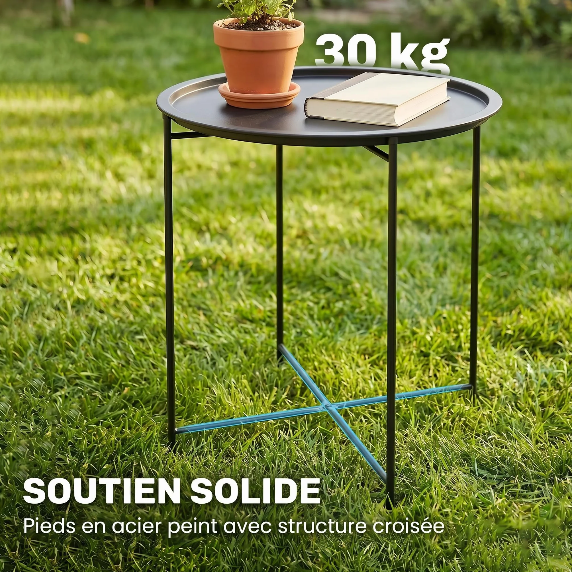 Outsunny Petite Table Basse Ronde d'Appoint de Jardin en Acier avec Plateau Amovible, Noir