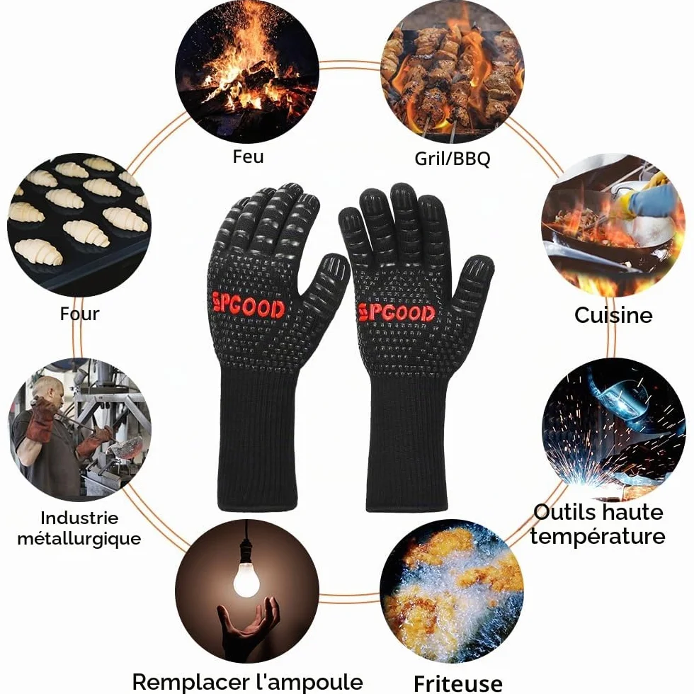 SPGOOD Gants de Barbecue Anti-Chaleur Jusqu'à 800°C Noir L/XXL