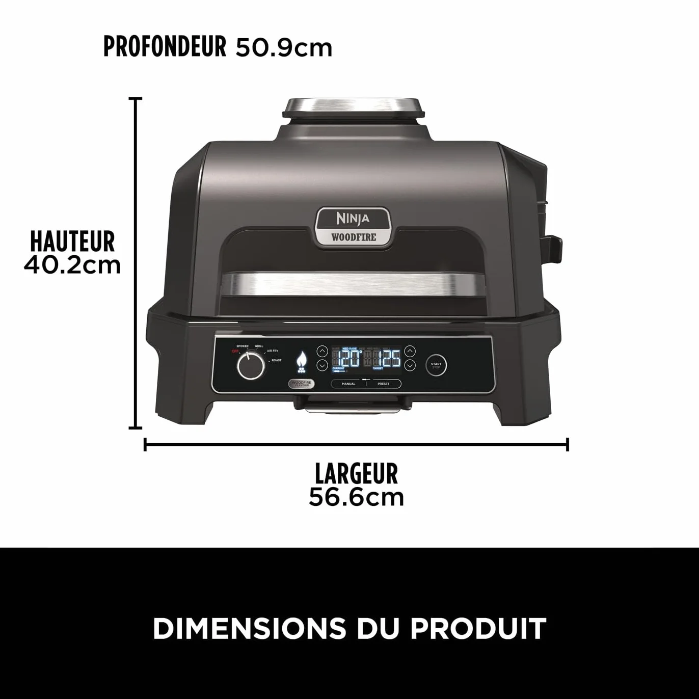 Ninja Woodfire Barbecue électrique et fumoir Pro XL 4-en-1 avec thermomètre, Air fryer d'extérieur, Smart Cook, granulés Woodfire, portatif, gris/noir OG850EU
