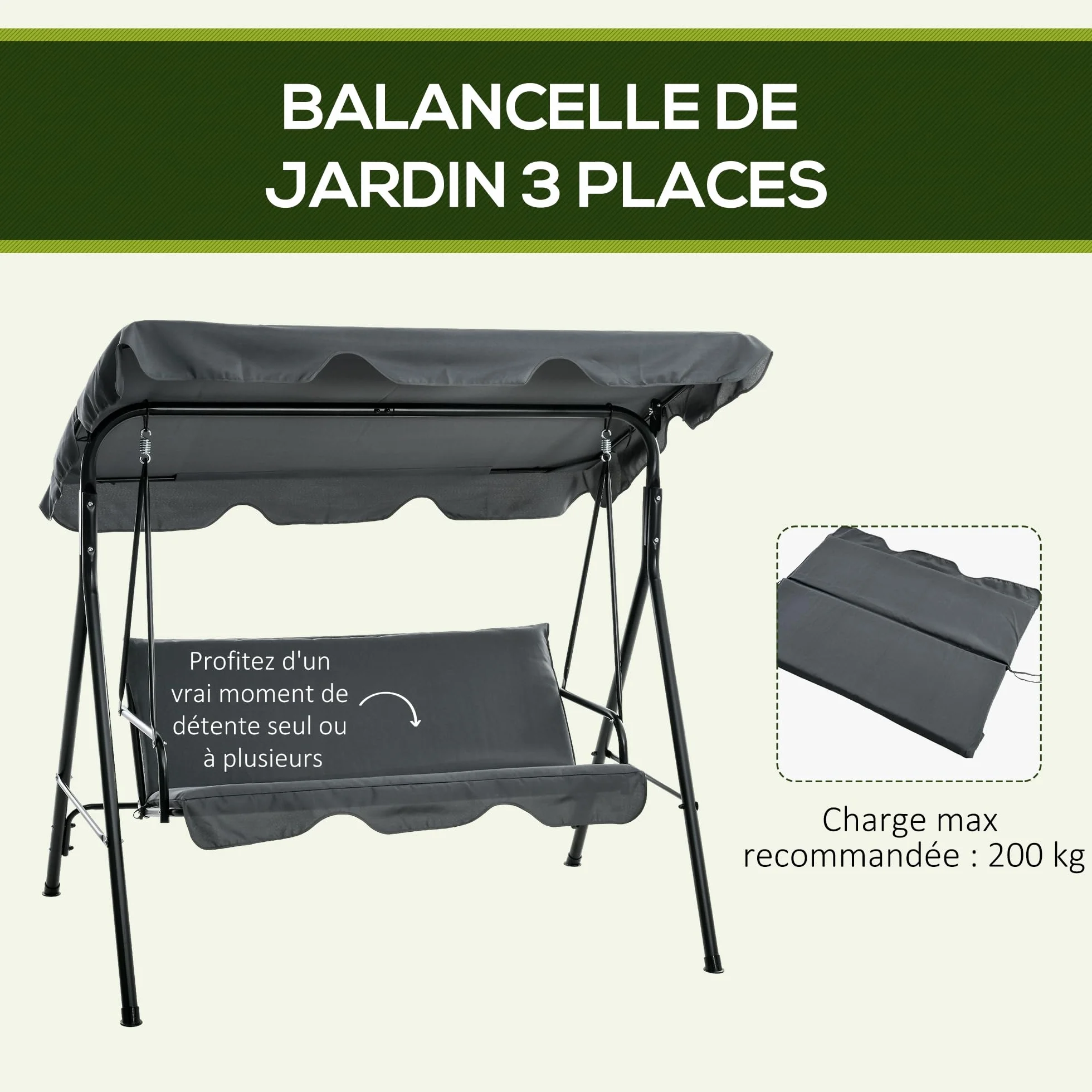 Outsunny Balancelle de Jardin 3 Places Toit Inclinable Coussins Acier Noir 1,72L x 1,1l x 1,53H m
