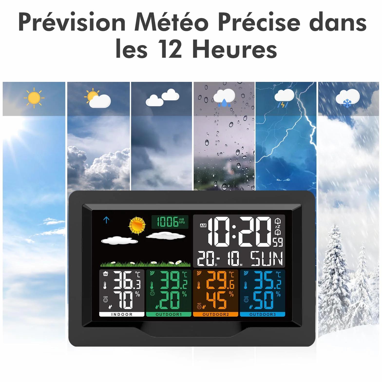 Station Météo Sans Fil avec 3 Capteurs Intérieur Extérieur, Écran LCD Rétroéclairage Réglable, Baromètre, Réveil, Prévisions