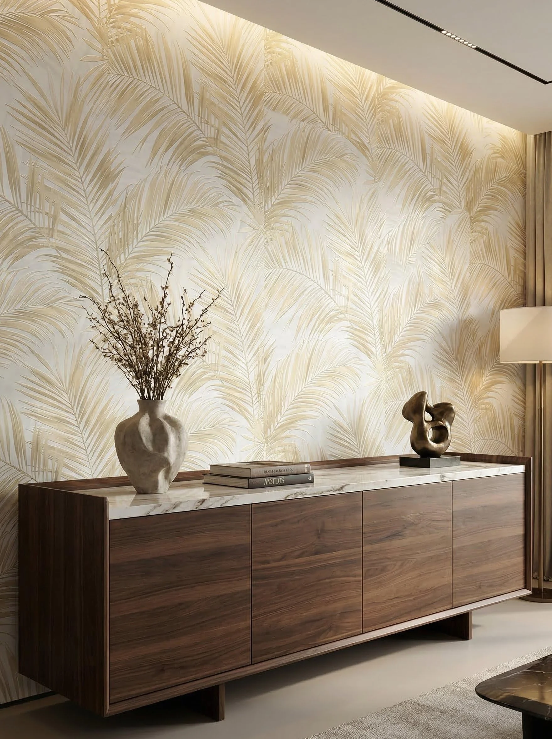 Newroom Papier Peint Beige Intissé avec motif feuilles pour Salon et Chambre - Vinyle Texturé 10,05x0,53m Made in Germany