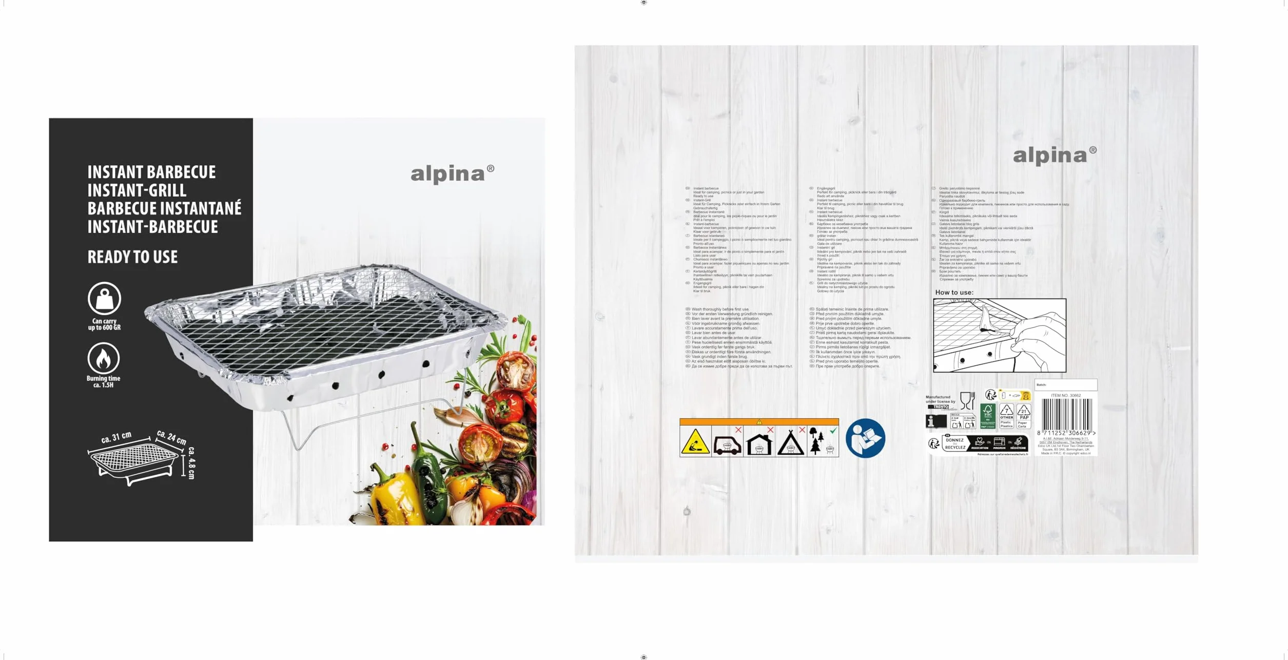 Barbecue Jetable Alpina avec Charbon – Prêt à l’Emploi – Format Compact – Durée 1,5 H – Idéal Extérieur