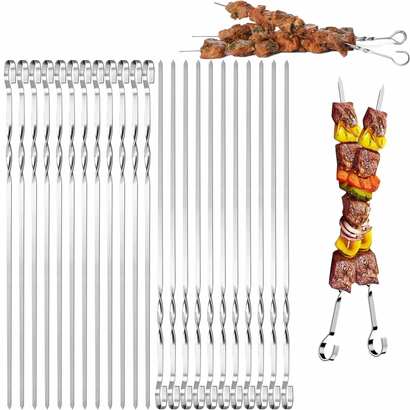 Brochettes de Barbecue en Métal 30cm Inox Plat Réutilisables 24 Pièces