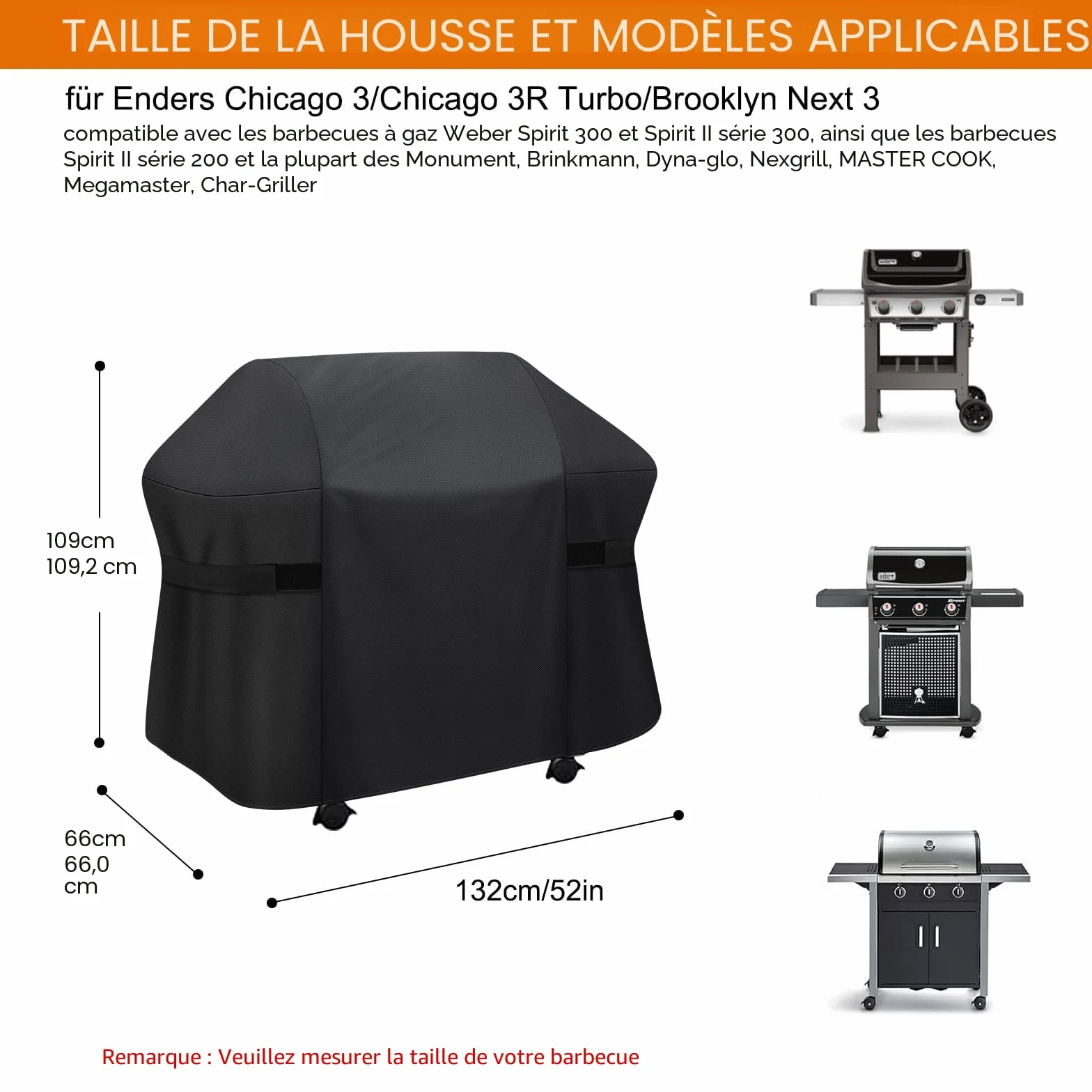 Weber Spirit série 300 Housse Barbecue Exterieur 132cm Imperméable Protection Étanche E310 E315 E330