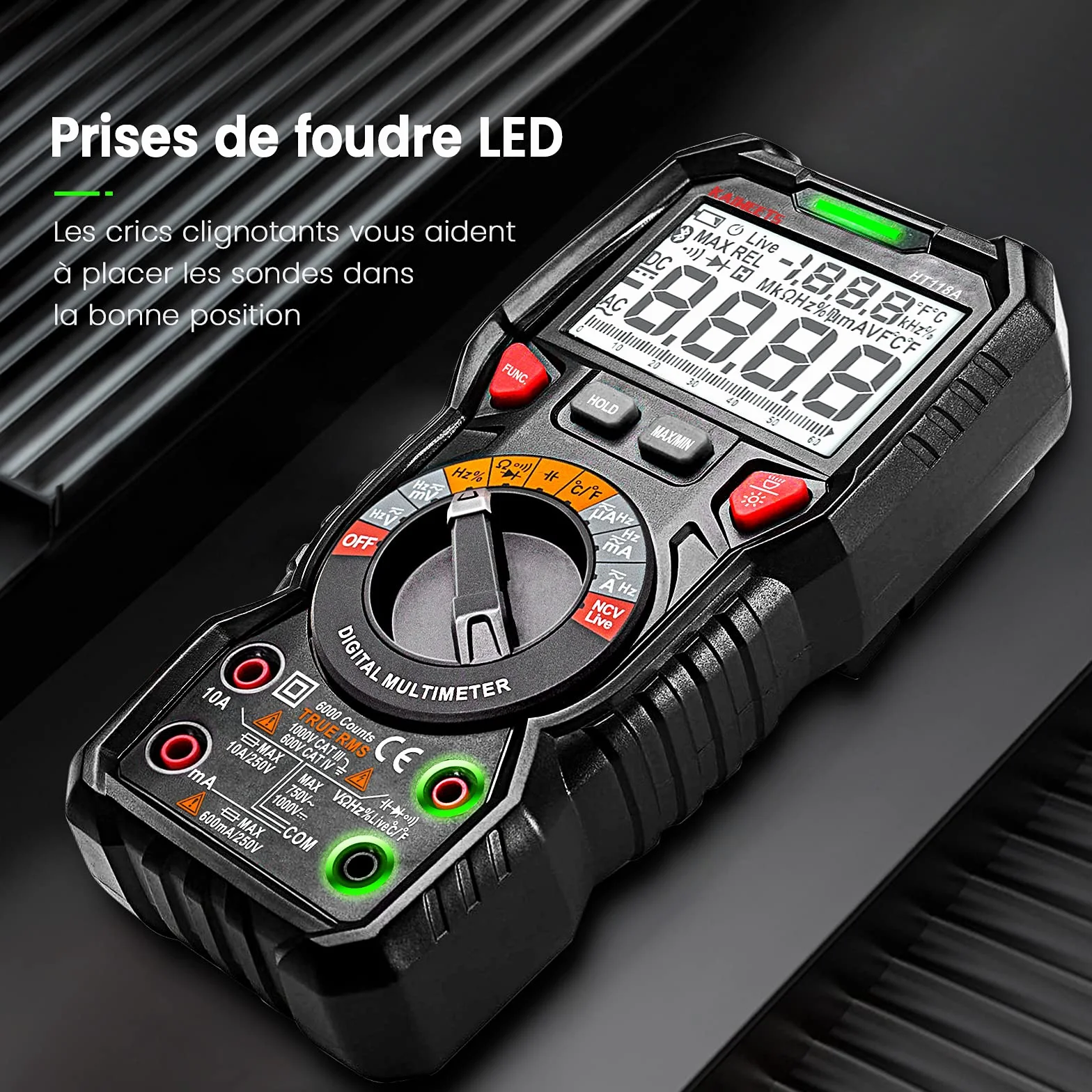 KAIWEETS Multimètre Automatique Numérique, TRMS 6000 Comptes (Guide de Bornes LED), Ampèremètre, Testeur Electrique Professionnel, Température Capacimètre Tension/Courant CA/CC Résistance/Fréquence