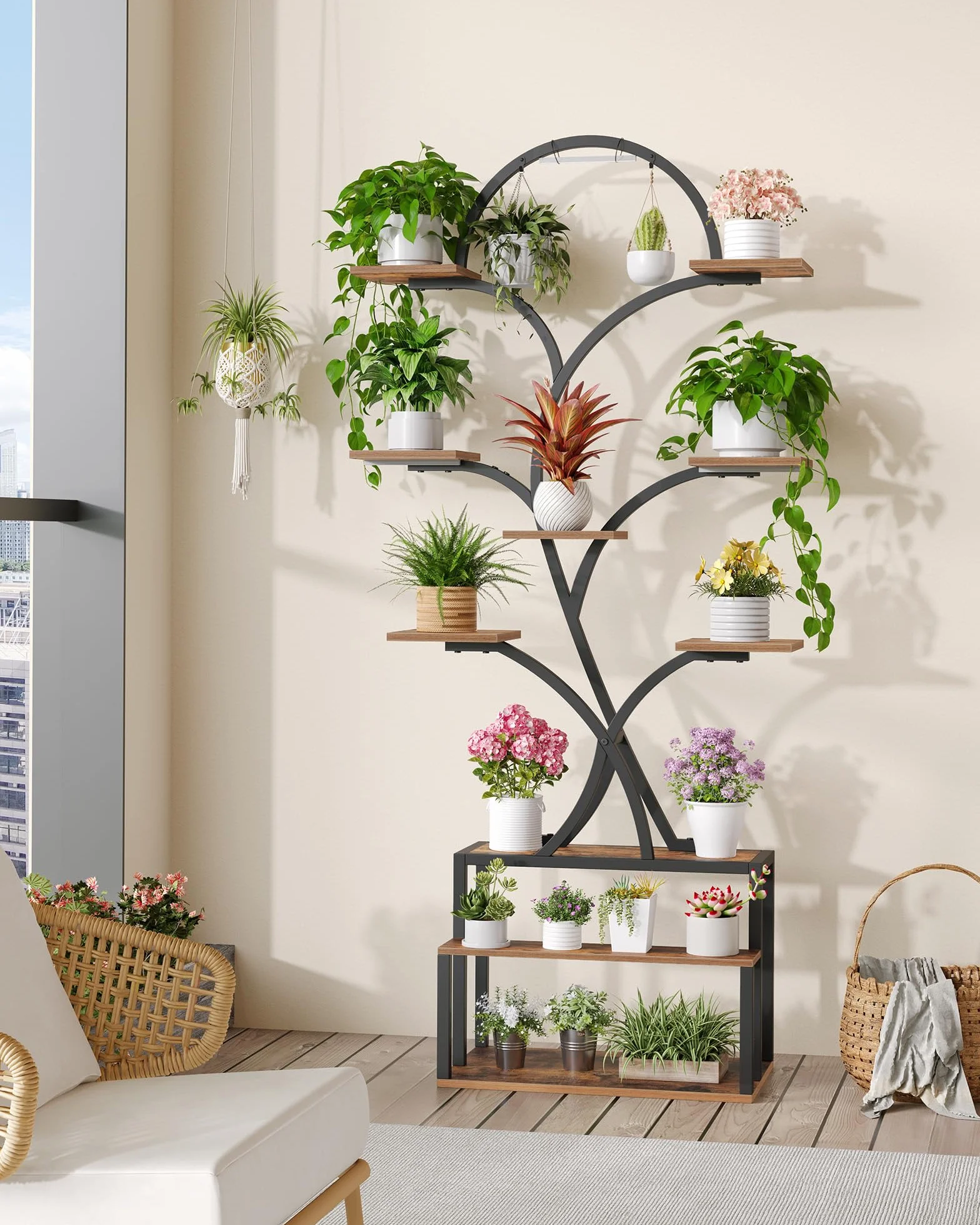 Étagère à Plantes avec Lampe LED 10 Niveaux Bois 168 cm Noir