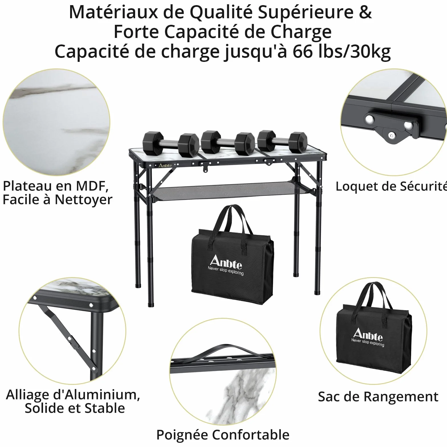 Anbte Table de Camping Pliante 4 Hauteurs Ajustables Portable avec Rangement Net