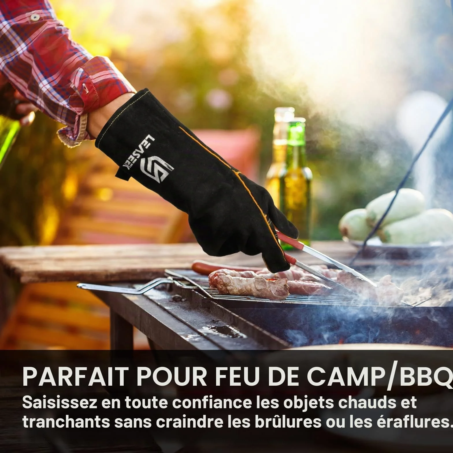 Gants de barbecue en cuir résistant à la chaleur et ignifuge 14-inch Noir
