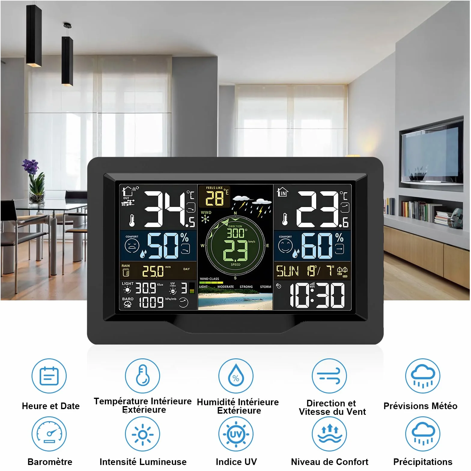 Station Météo WiFi Professionnelle 7 en 1 avec Capteur Extérieur sans Fil, Pluviomètre, Anémomètre, Girouette, Baromètre et Prévision Météo