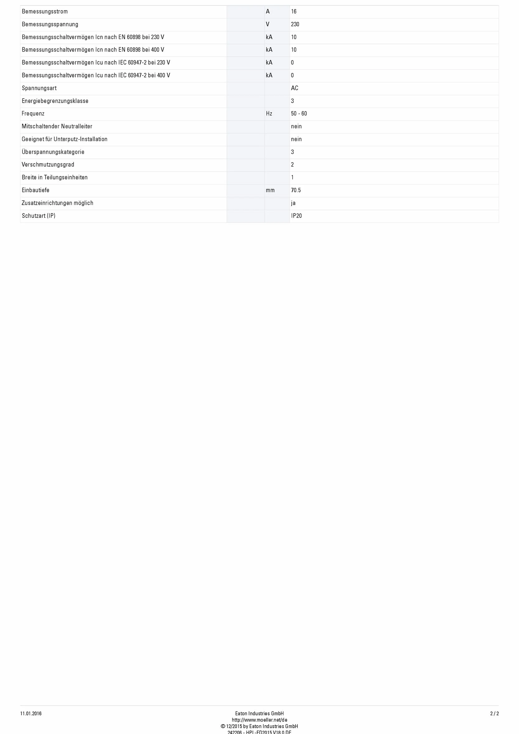Eaton PLSM-C16-MW Disjoncteur 16 A 1P 1 pôle C Caractéristique C Interrupteur LS (242206 Alt 244734)