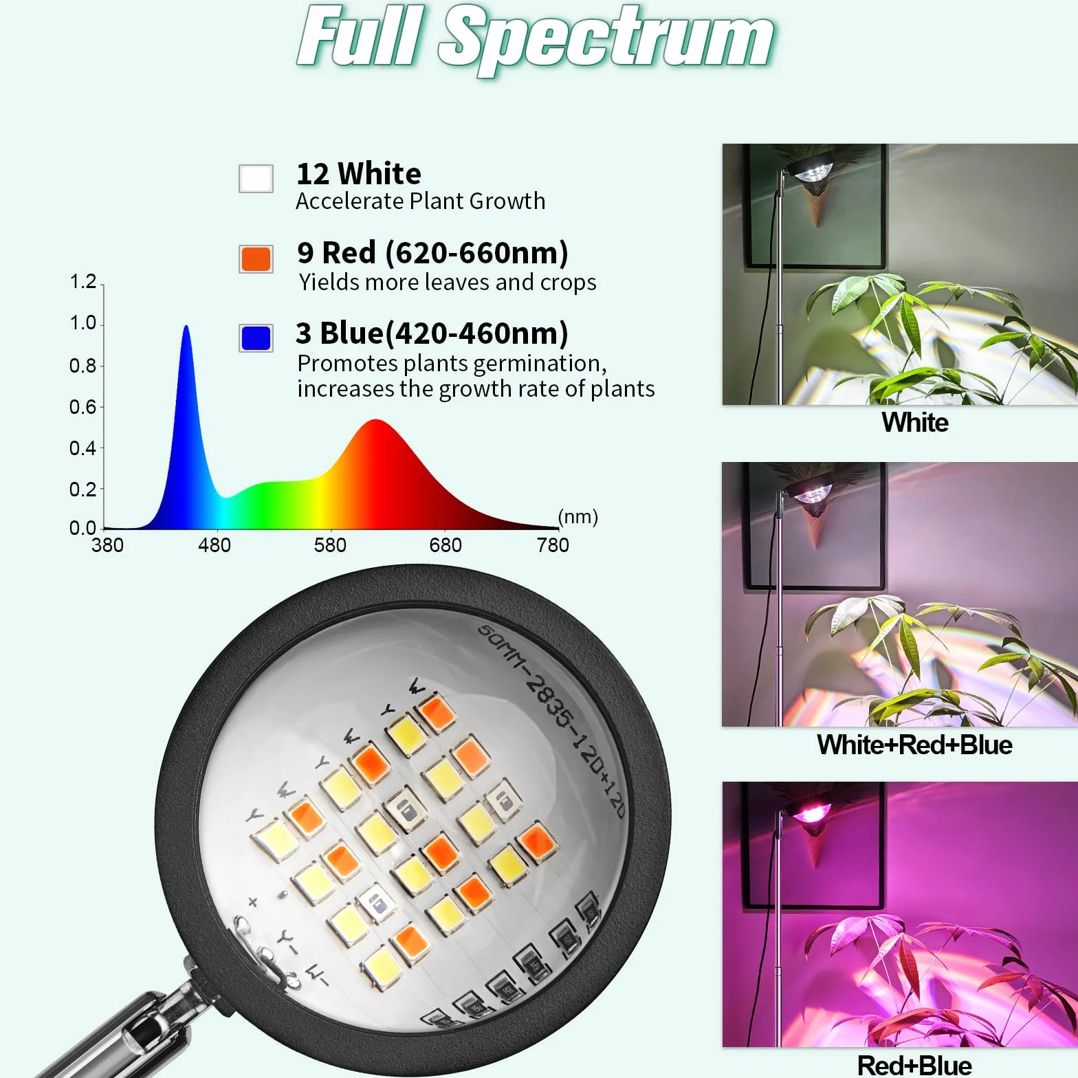 Idealife Lampe de Croissance LED Plein Spectre avec Lentille Optique, PPFD Élevé, 10 Niveaux, Hauteur Réglable
