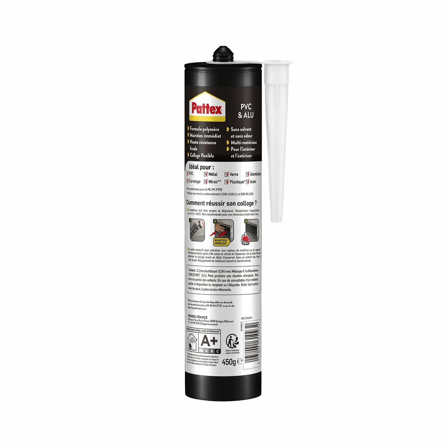 Pattex – Colle Fixation PVC & Alu (cartouche de 450 g) – Colle blanche haute performance flextec multi-matériaux – Mastic résistant à l'eau pour intérieur & extérieur