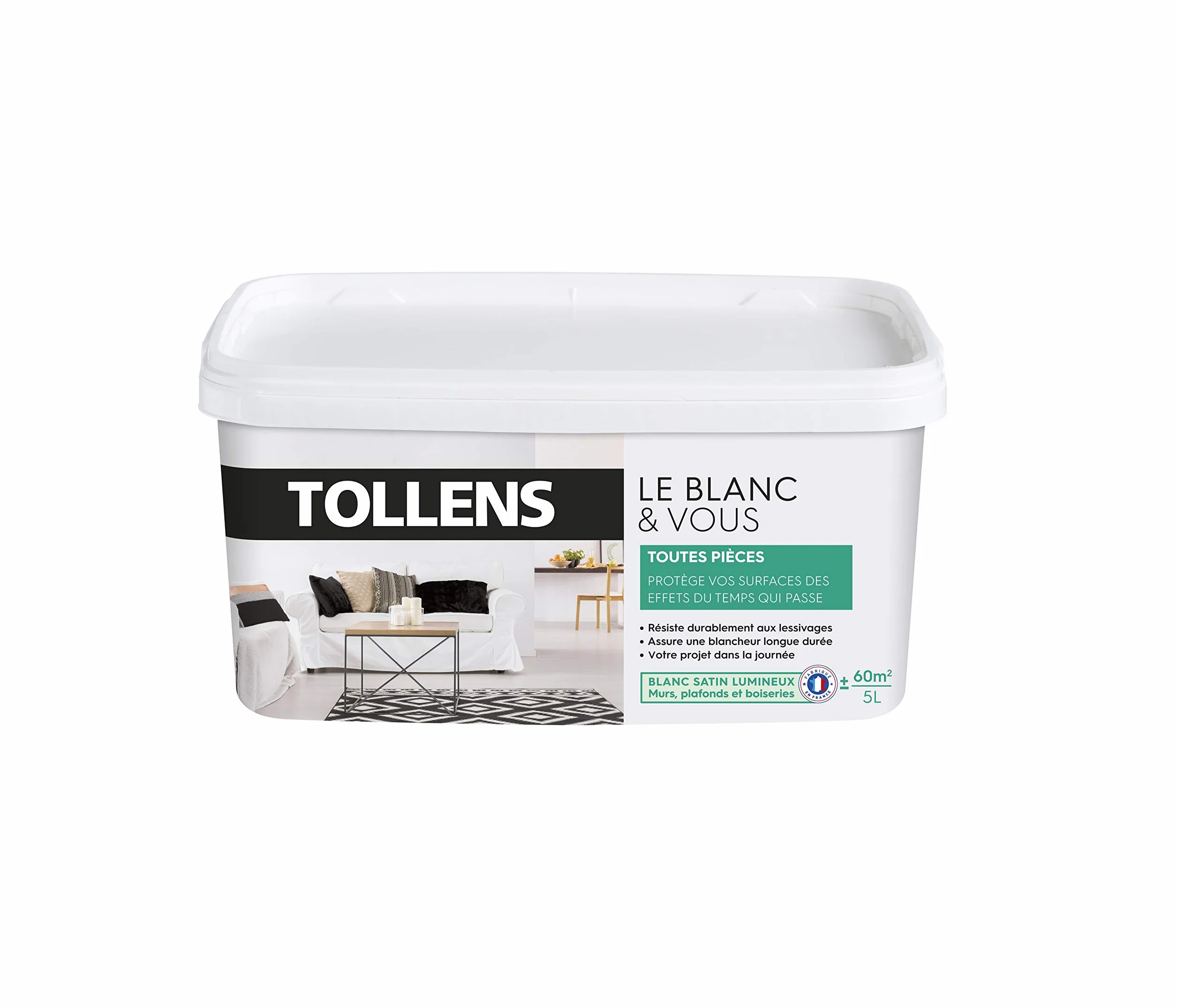 Tollens - Peinture Blanche Satin - Toutes Pièces - Murs, Plafonds, Boiseries - Blancheur Longue Durée - Résiste aux Chocs - Séchage Rapide - Fabriqué en France - Blanc - 5L = 60m2