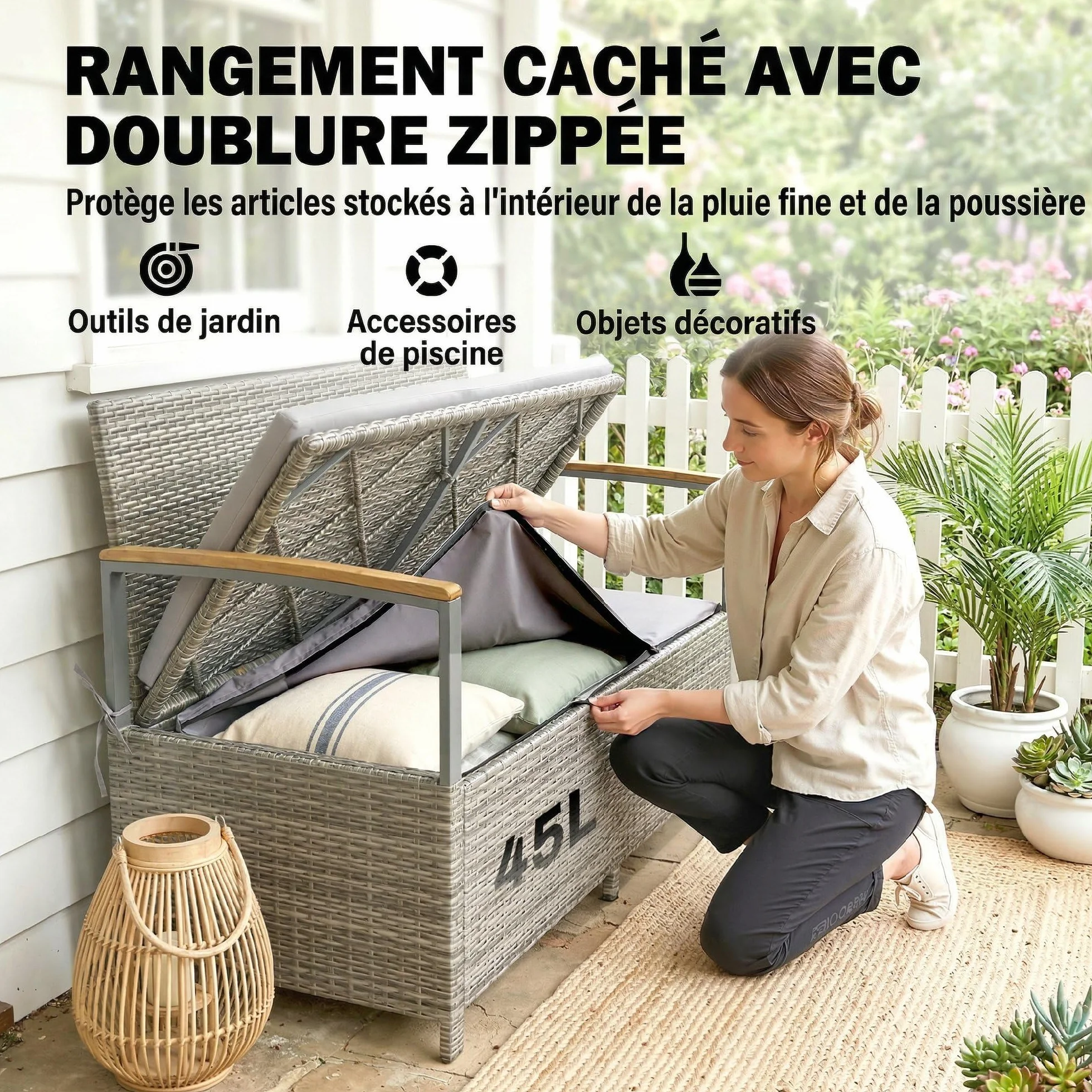 Banc de Jardin avec Coffre de Rangement 170L Outsunny Banquette 2 Places Résine Tressée Coussin Déhoussable Accoudoirs Bois d'Acacia Vérin à Gaz Gris